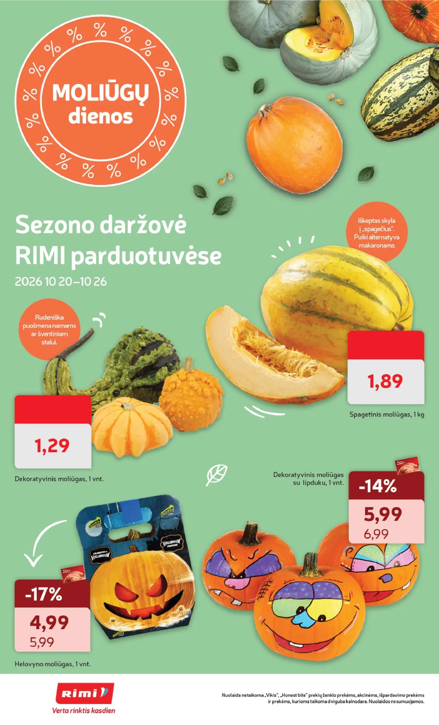 „Rimi“ savaitinis leidinys Nr. 43 (2026.10.20 - 2026.10.26) – 10 puslapis: Spagetinis moliūgas, 1 kg, Dekoratyvinis moliūgas, 1 vnt, Helovyno moliūgas, 1 vnt