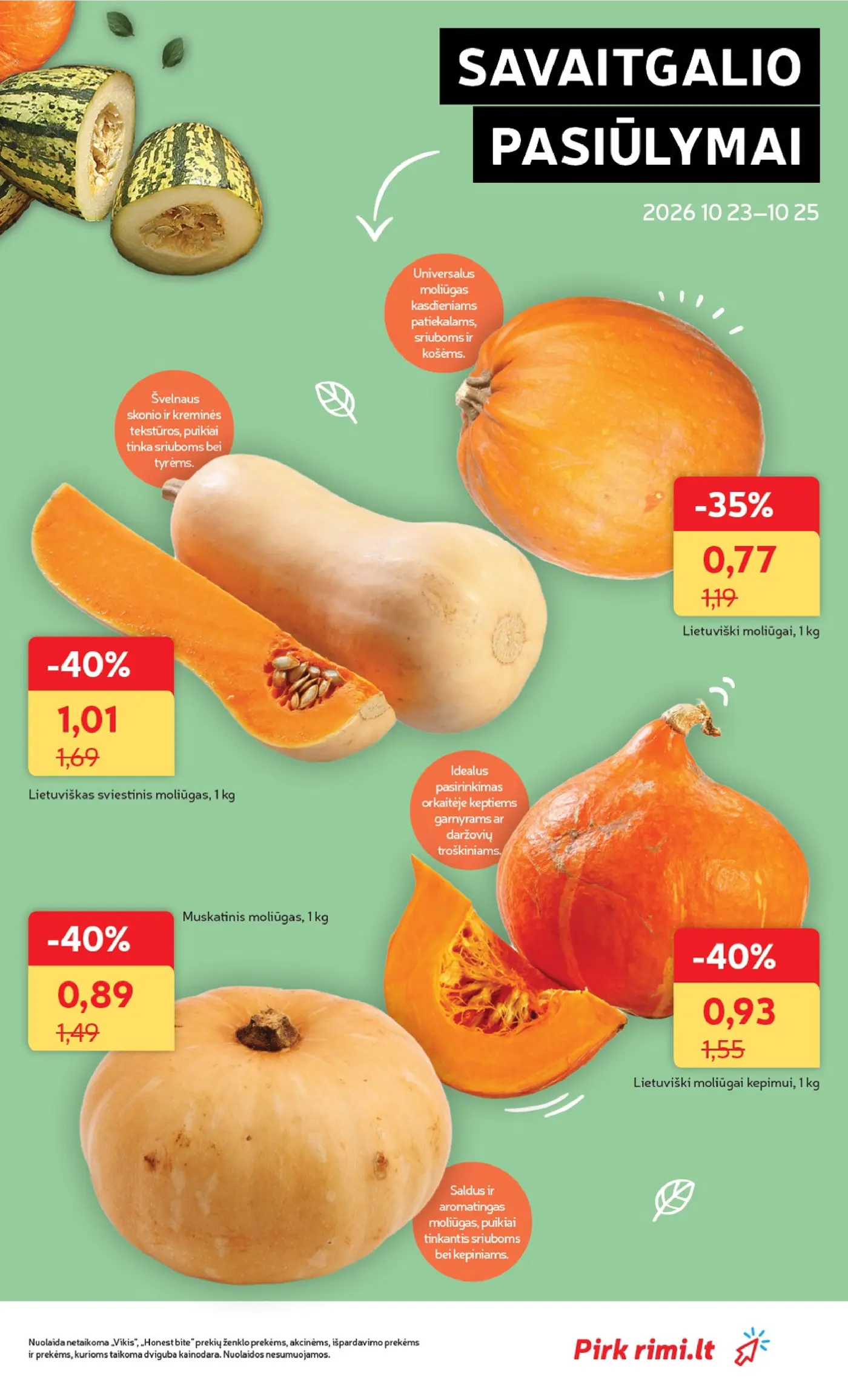 „Rimi“ savaitinis leidinys Nr. 43 (2026.10.20 - 2026.10.26) – 11 puslapis: Lietuviški moliūgai, 1 kg, Lietuviškas sviestinis moliūgas, 1 kg, Lietuviški moliūgai kepimui, 1 kg