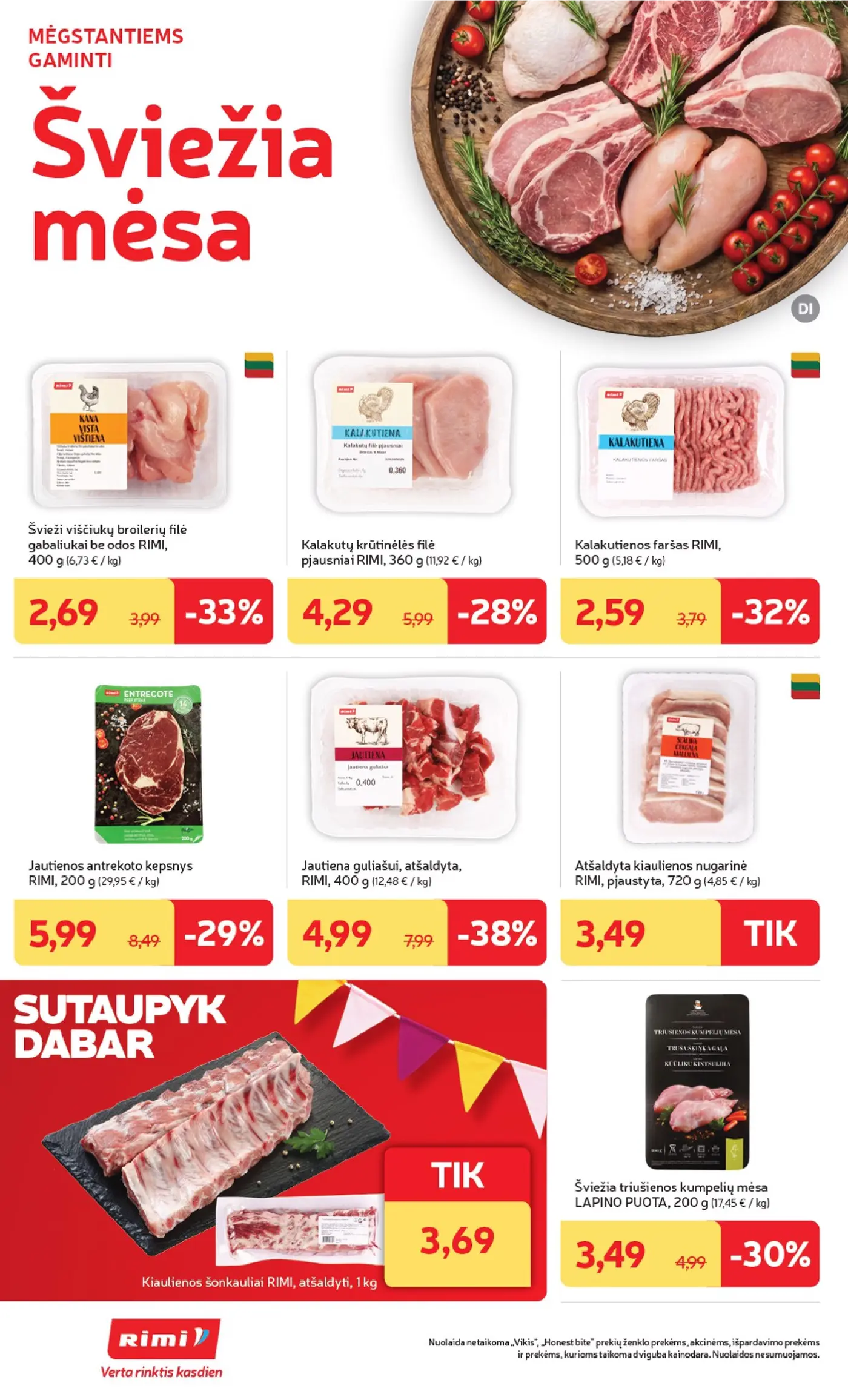 „Rimi“ savaitinis leidinys Nr. 43 (2026.10.20 - 2026.10.26) – 12 puslapis: Kalakutienos faršas RIMI, 500 g, Jautienos antrekoto kepsnys RIMI, 200 g, Švieži viščiukų broilerių filė gabaliukai be odos RIMI, 400 g
