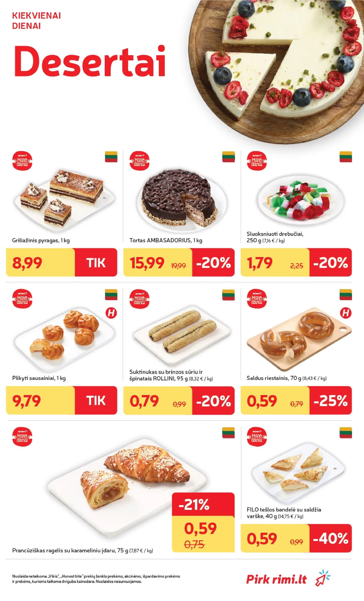 „Rimi“ savaitinis leidinys Nr. 43 (2026.10.20 - 2026.10.26) – 15 puslapis: Sluoksniuoti drebučiai, 250 g, PLIKYTI sausainiai, 1 kg, Griliažinis pyragas, 1 kg
