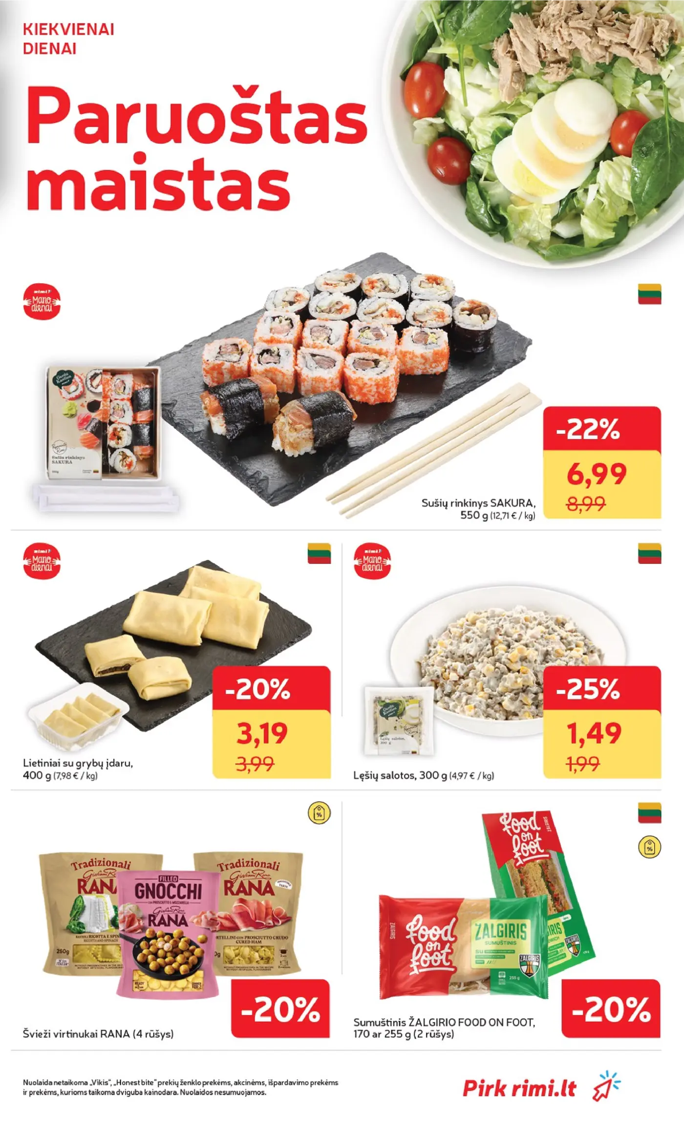 „Rimi“ savaitinis leidinys Nr. 43 (2026.10.20 - 2026.10.26) – 17 puslapis: Lietiniai su grybų įdaru, 400 g, Sušių rinkinys SAKURA, 550 g, Lęšių salotos, 300 g