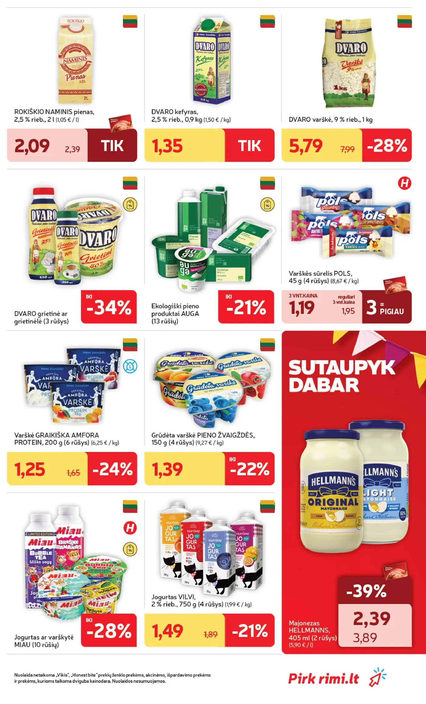 „Rimi“ savaitinis leidinys Nr. 43 (2026.10.20 - 2026.10.26) – 25 puslapis: ROKIŠKIO NAMINIS pienas, 2,5 % rieb., 2 l, DVARO grietinė ar grietinėlė, Ekologiški pieno produktai AUGA