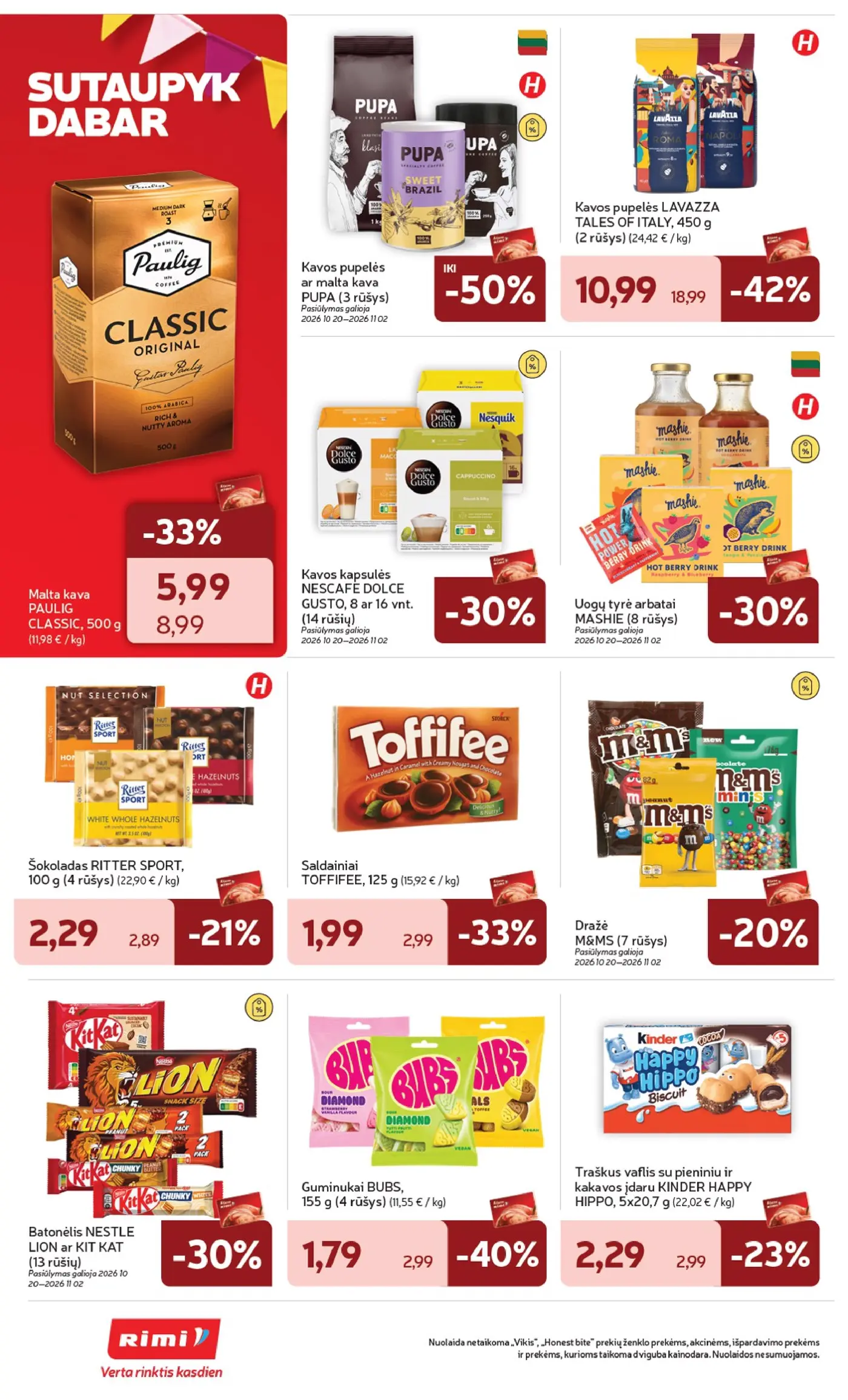 „Rimi“ savaitinis leidinys Nr. 43 (2026.10.20 - 2026.10.26) – 26 puslapis: Malta kava PAULIG CLASSIC, 500 g, Saldainiai TOFFIFEE, 125 g, Kavos pupelės ar malta kava PUPA