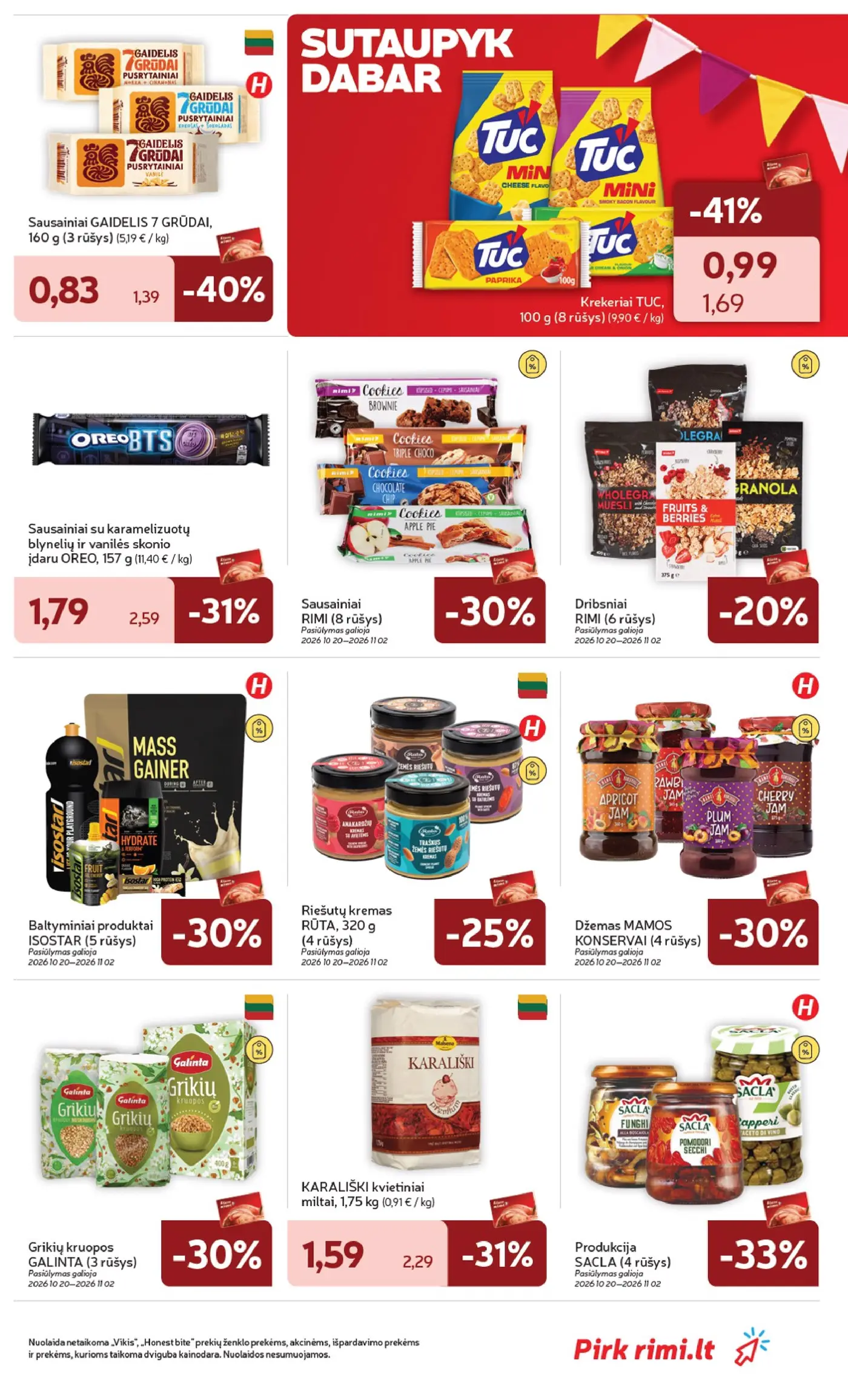„Rimi“ savaitinis leidinys Nr. 43 (2026.10.20 - 2026.10.26) – 27 puslapis: KARALIŠKI kvietiniai miltai, 1.75 kg, Sausainiai GAIDELIS 7 GRŪDAI, 160 g, Krekeriai TUC, 100 g