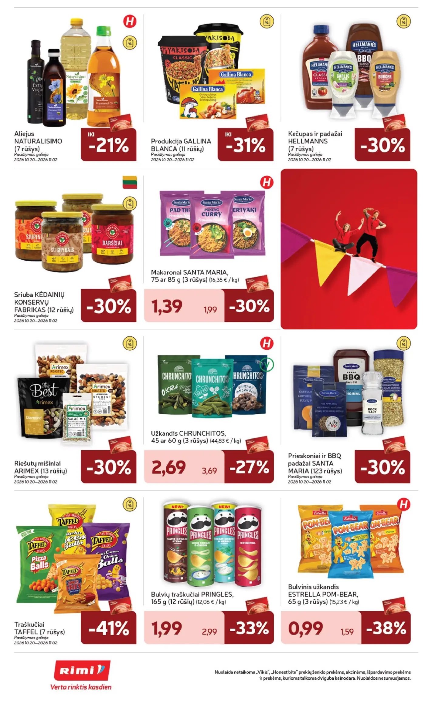 „Rimi“ savaitinis leidinys Nr. 43 (2026.10.20 - 2026.10.26) – 28 puslapis: Aliejus NATURALISIMO, Produkcija GALLINA BLANCA, Kečupas ir padažai HELLMANNS