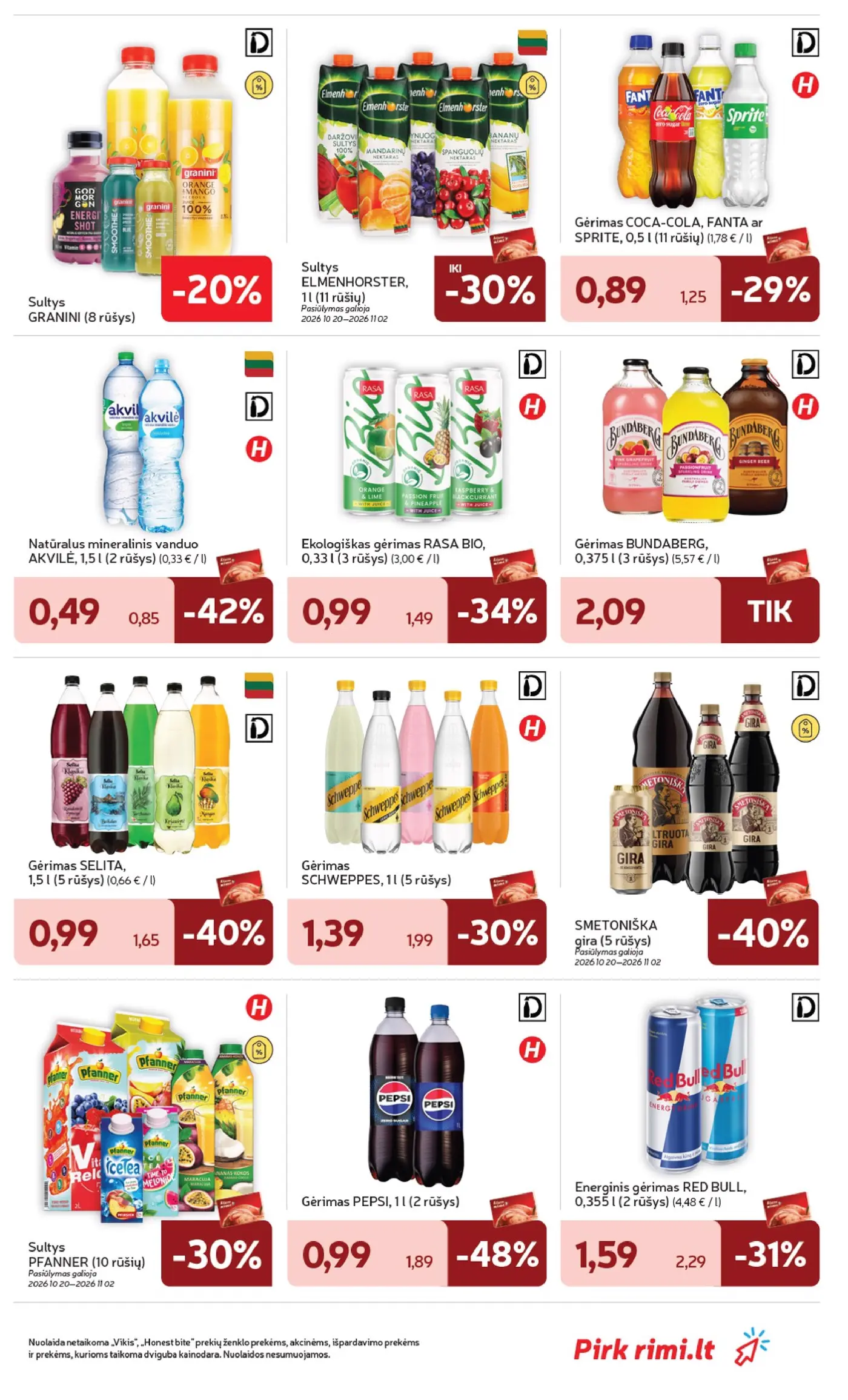 „Rimi“ savaitinis leidinys Nr. 43 (2026.10.20 - 2026.10.26) – 29 puslapis: Sultys GRANINI, Sultys ELMENHORSTER, 1 l, Gėrimas COCA-COLA, FANTA ar SPRITE, 0.5 l