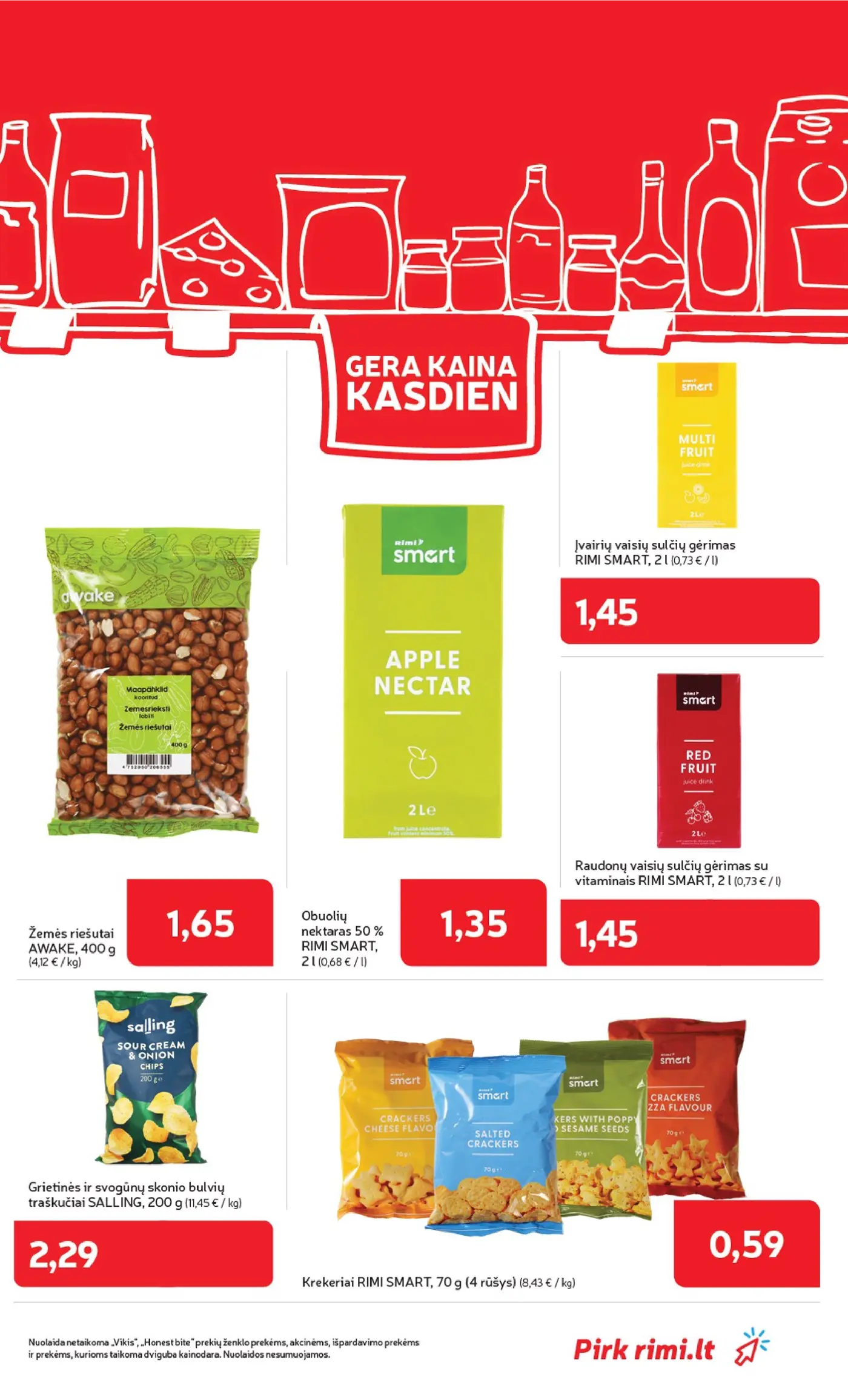 „Rimi“ savaitinis leidinys Nr. 43 (2026.10.20 - 2026.10.26) – 31 puslapis: Žemės riešutai AWAKE, 400 g, Obuolių nektaras 50 % RIMI SMART, 2 l, Įvairių vaisių sulčių gėrimas RIMI SMART, 2 l