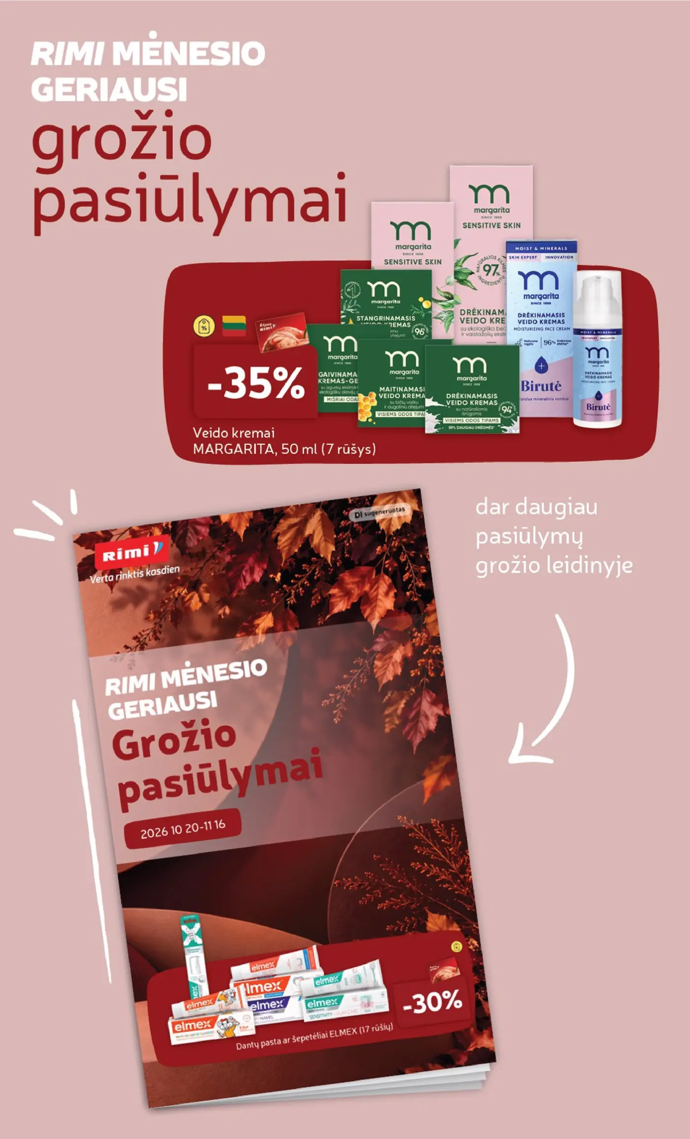 „Rimi“ savaitinis leidinys Nr. 43 (2026.10.20 - 2026.10.26) – 34 puslapis: MARGARITA Veido kremas, 50 ml, Dantų pasta ar šepetėliai ELMEX