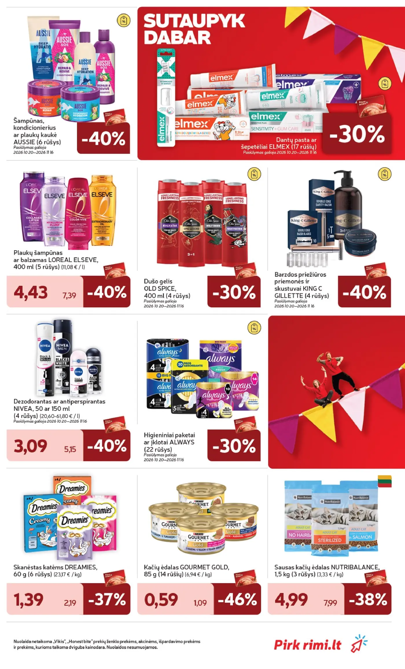 „Rimi“ savaitinis leidinys Nr. 43 (2026.10.20 - 2026.10.26) – 35 puslapis: Plaukų šampūnas ar balzamas LOREAL ELSEVE, 400 ml, Skanėstai katėms DREAMIES, 60 g, Kačių ėdalas GOURMET GOLD, 85 g