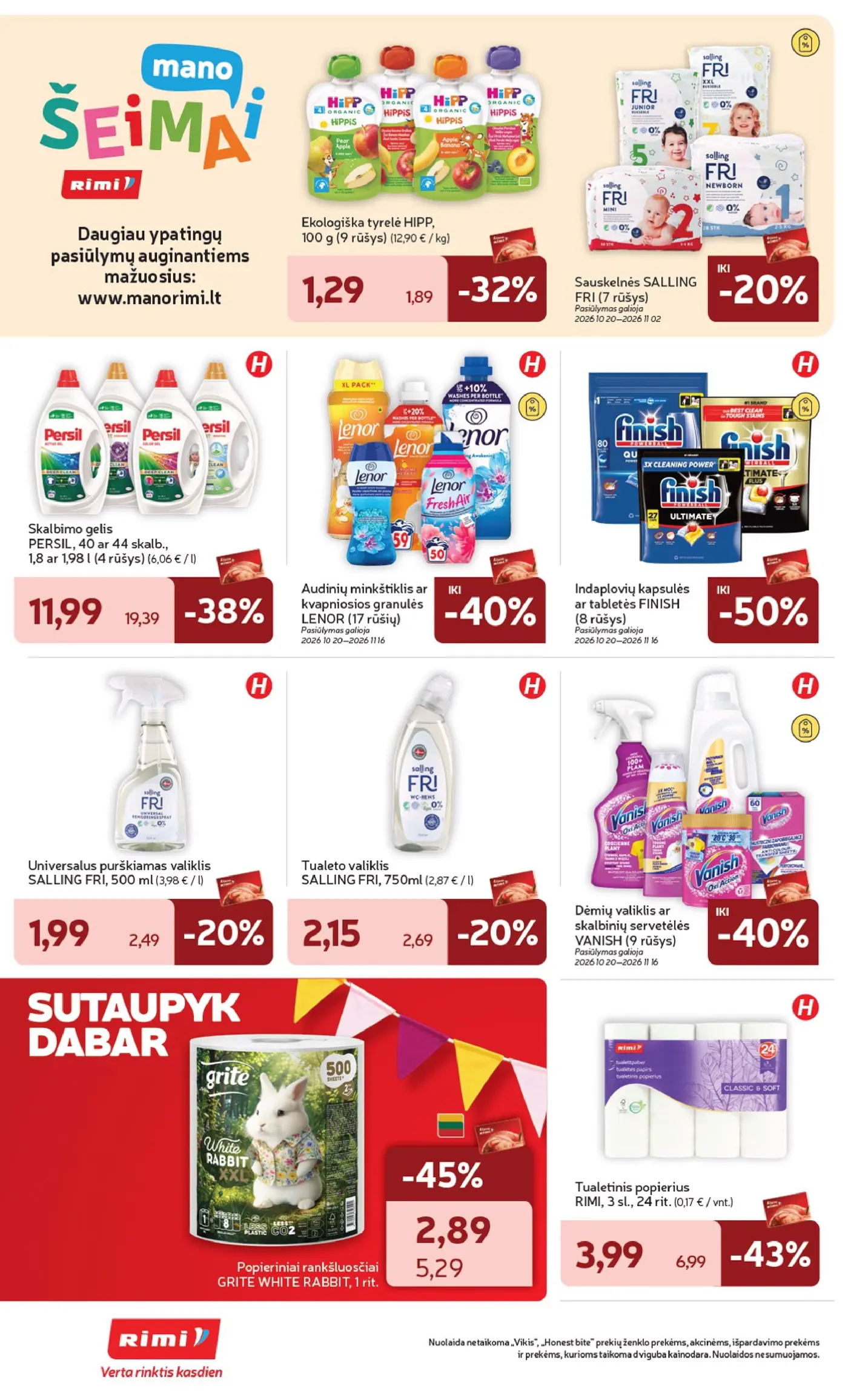 „Rimi“ savaitinis leidinys Nr. 43 (2026.10.20 - 2026.10.26) – 36 puslapis: Tualeto valiklis SALLING FRI, 750 ml, Ekologiška tyrelė HIPP, 100 g, Sauskelnės SALLING FRI