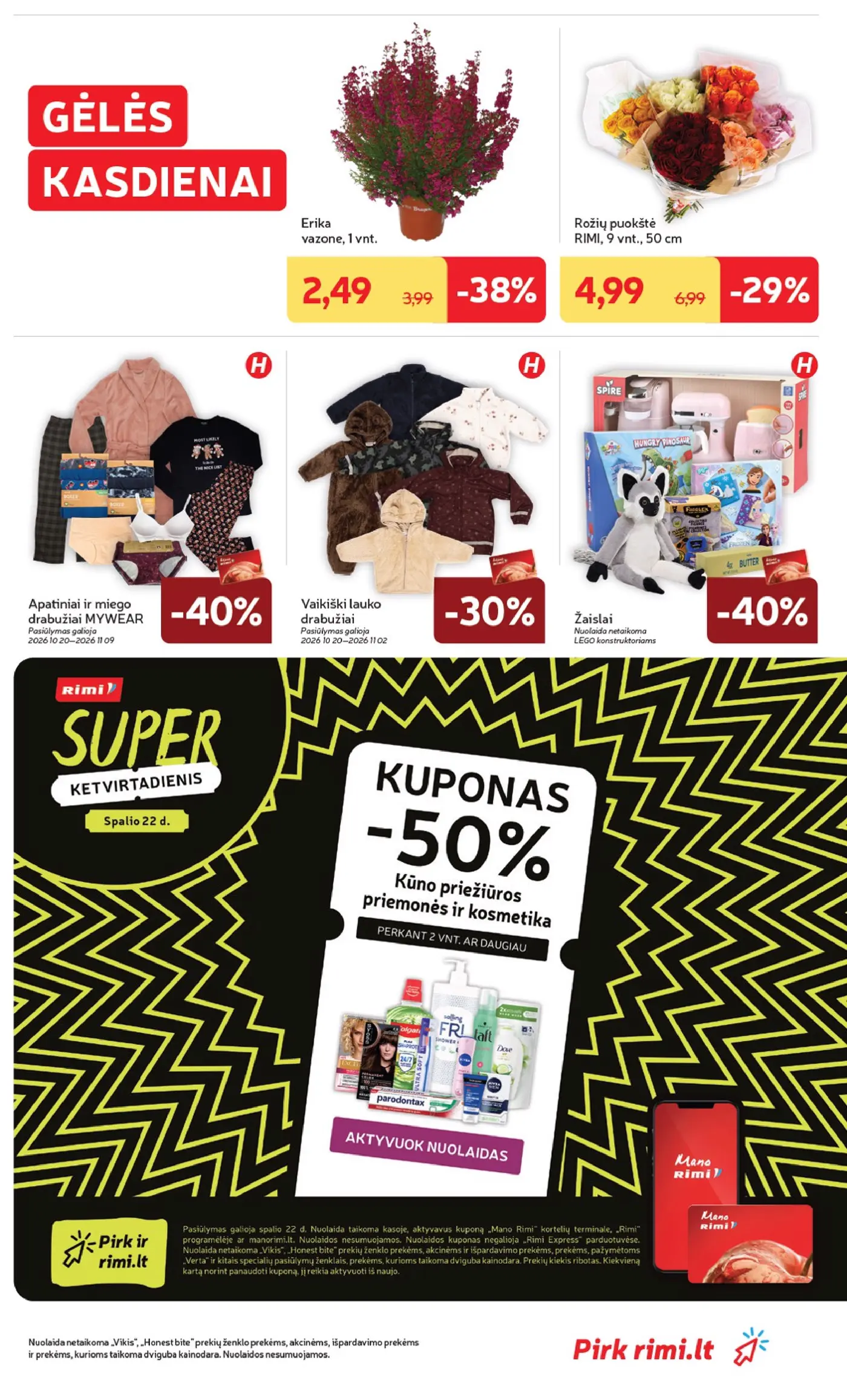 „Rimi“ savaitinis leidinys Nr. 43 (2026.10.20 - 2026.10.26) – 37 puslapis: Rožių puokštė RIMI, 9 vnt, Apatiniai ir miego drabužiai MYWEAR, Vaikiški lauko drabužiai