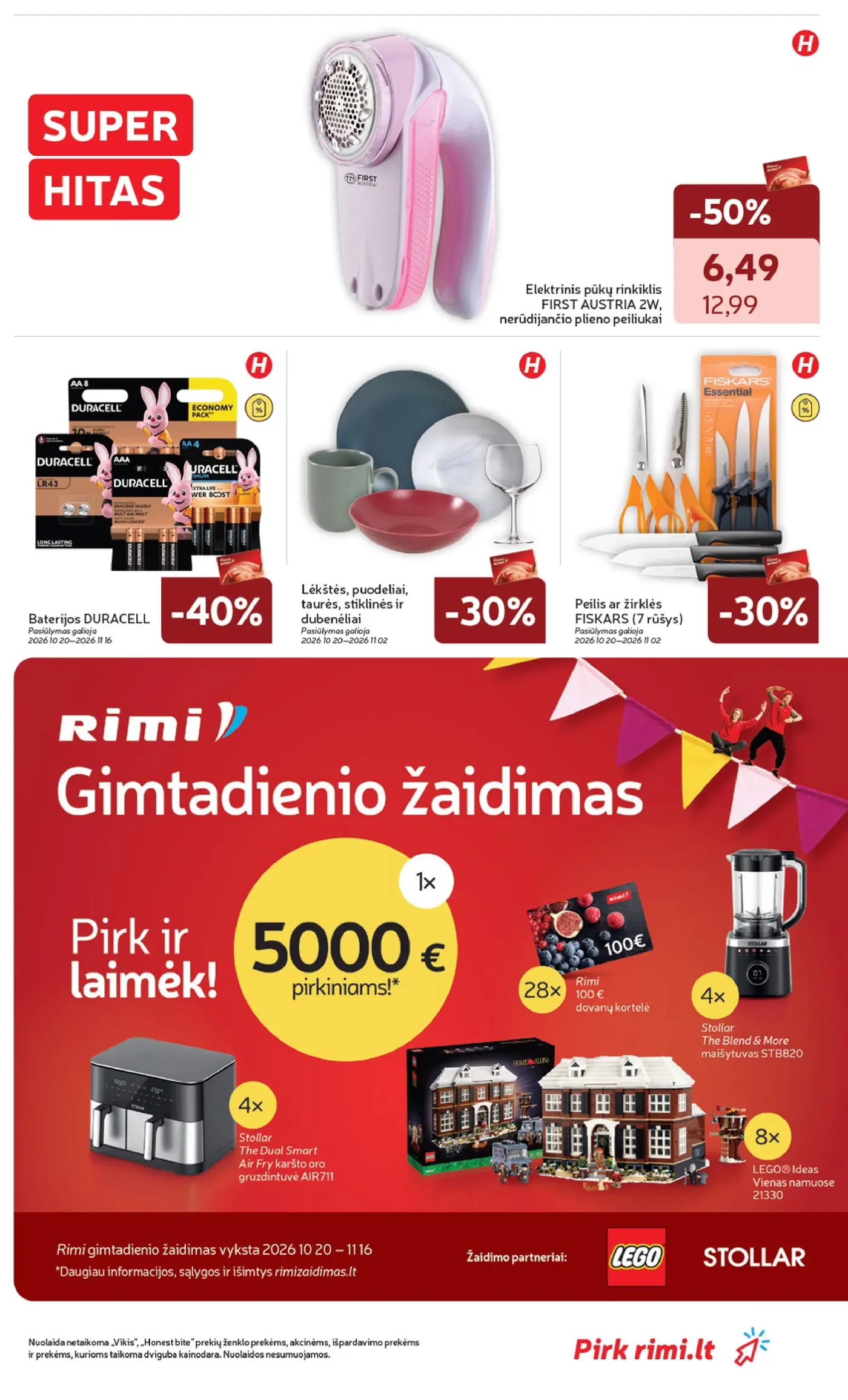 „Rimi“ savaitinis leidinys Nr. 43 (2026.10.20 - 2026.10.26) – 39 puslapis: Elektrinis pūkų rinkiklis FIRST AUSTRIA 2W, Baterijos DURACELL, Lėkštės, puodeliai, taurės, stiklinės ir dubenėliai