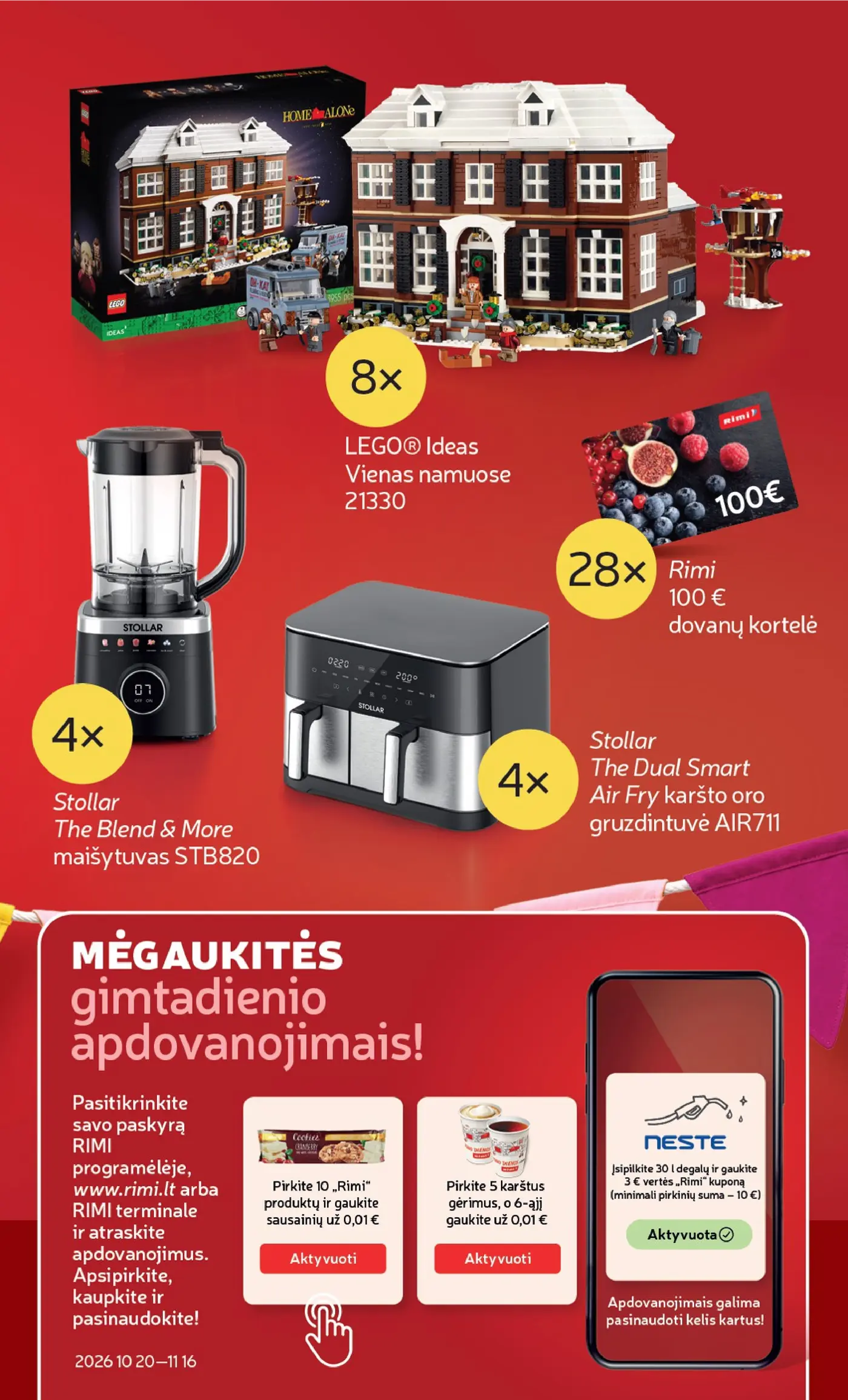 „Rimi“ savaitinis leidinys Nr. 43 (2026.10.20 - 2026.10.26) – 5 puslapis: Pirkite 10 „Rimi“ produktų ir gaukite sausainių už 0,01 €, Pirkite 5 karštus gėrimus, o 6-ąjį gaukite už 0,01 €, Įsipilkite degalų ir gaukite 3 € vertės „Rimi“ kuponą, 30 l