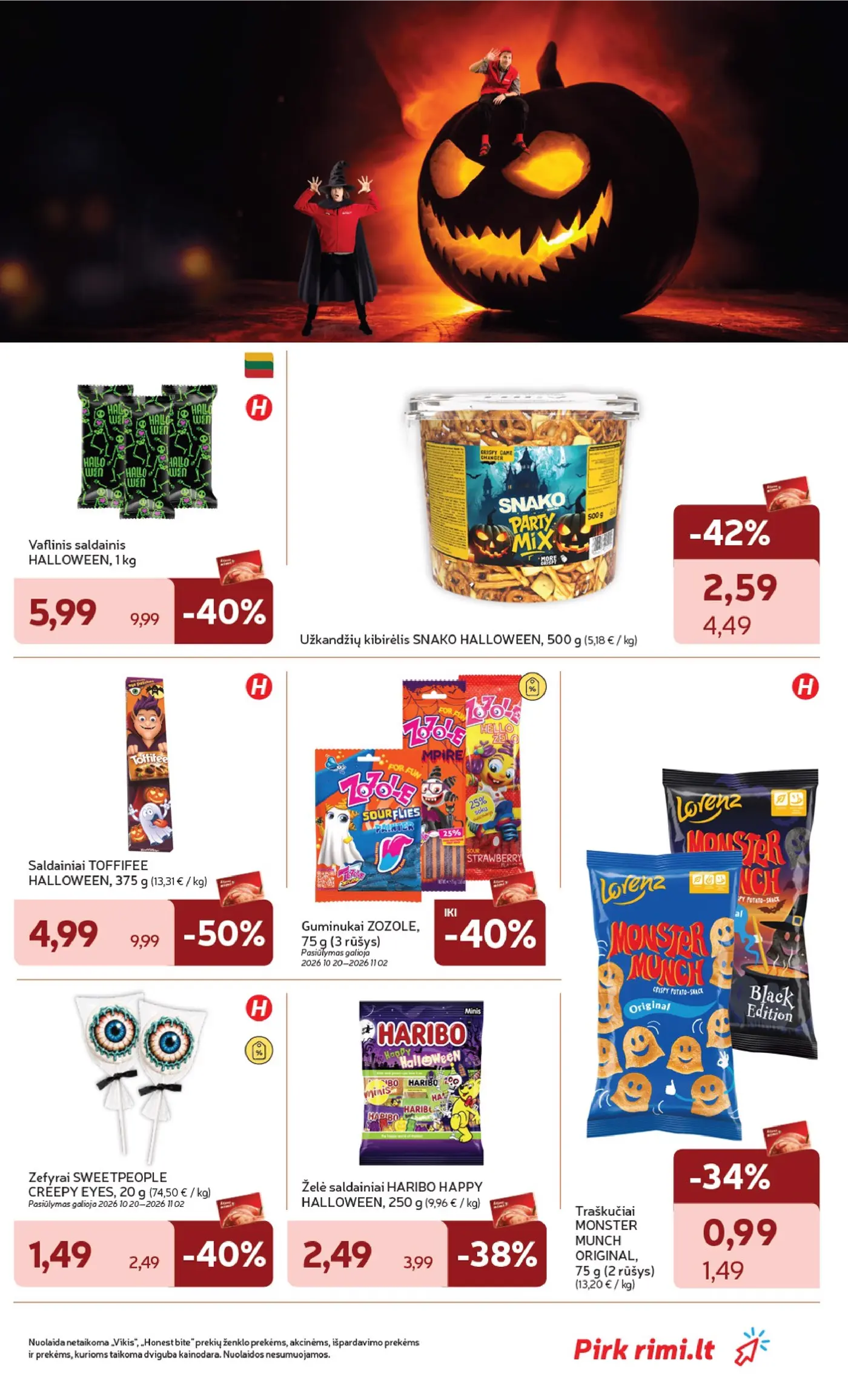 „Rimi“ savaitinis leidinys Nr. 43 (2026.10.20 - 2026.10.26) – 7 puslapis: Traškučiai MONSTER MUNCH ORIGINAL, 75 g, Užkandžių kibirėlis SNAKO HALLOWEEN, 500 g, Vaflinis saldainis HALLOWEEN, 1 kg