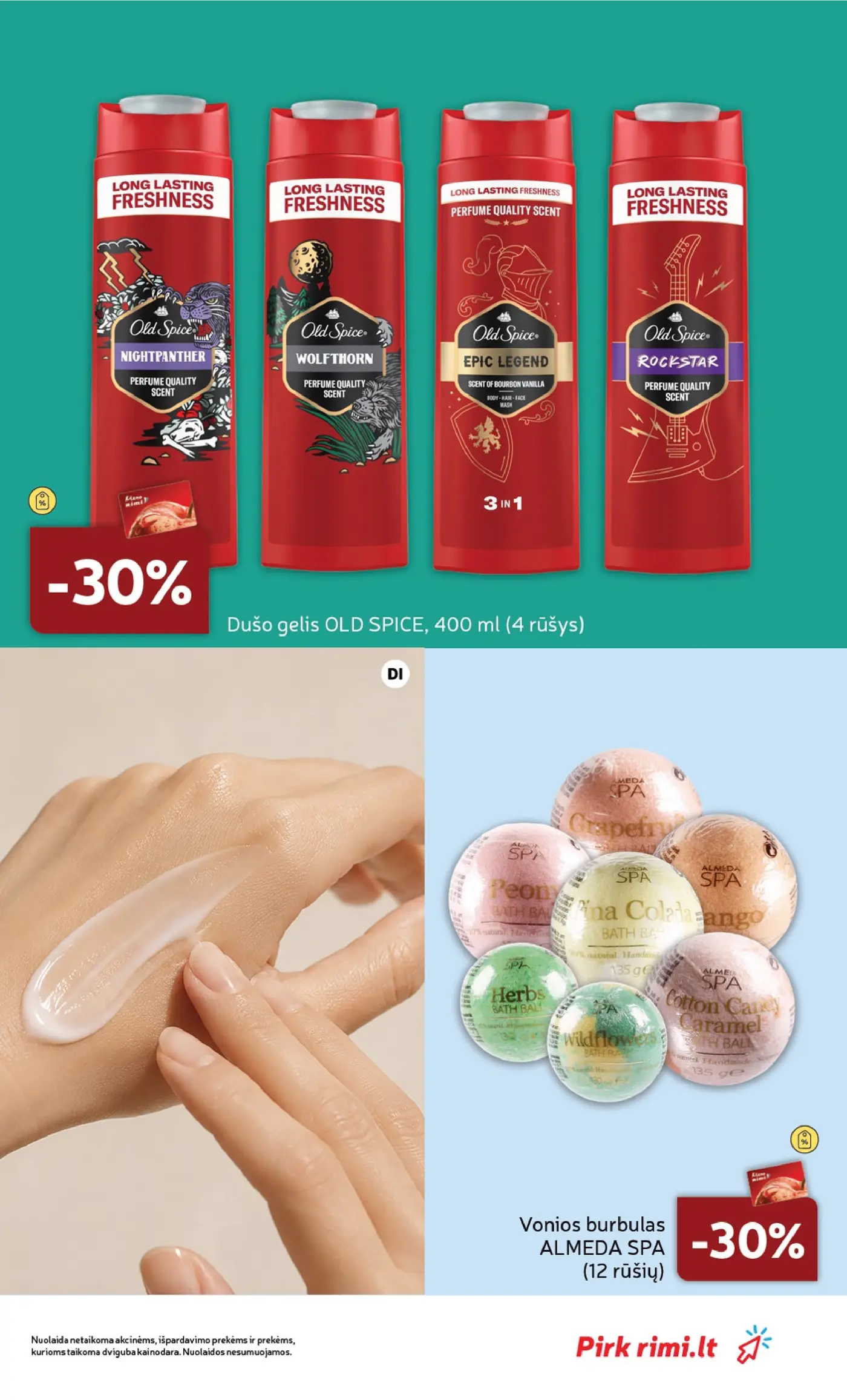 Naujas Rimi nuolaidų leidinys - GROŽIO prekių katalogas Nr. 11 – 11 puslapis: Dušo gelis OLD SPICE, 400 ml, Vonios burbulas ALMEDA SPA