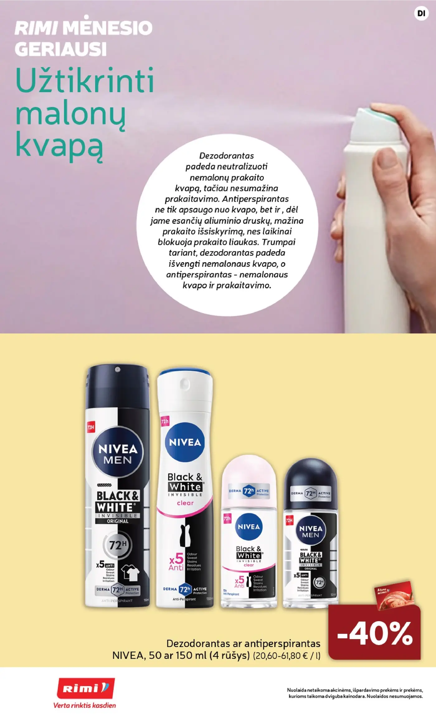 Naujas Rimi nuolaidų leidinys - GROŽIO prekių katalogas Nr. 11 – 12 puslapis: Dezodorantas ar antiperspirantas NIVEA, 150 ml