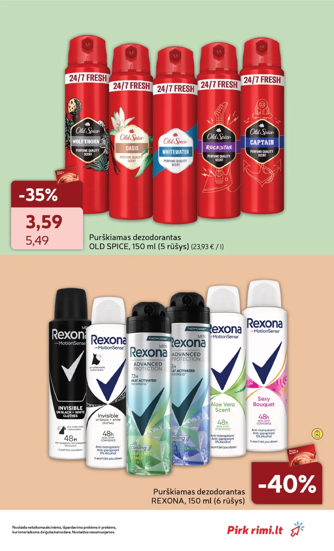 Naujas Rimi nuolaidų leidinys - GROŽIO prekių katalogas Nr. 11 – 13 puslapis: Purškiamas dezodorantas OLD SPICE, 150 ml, Purškiamas dezodorantas REXONA, 150 ml