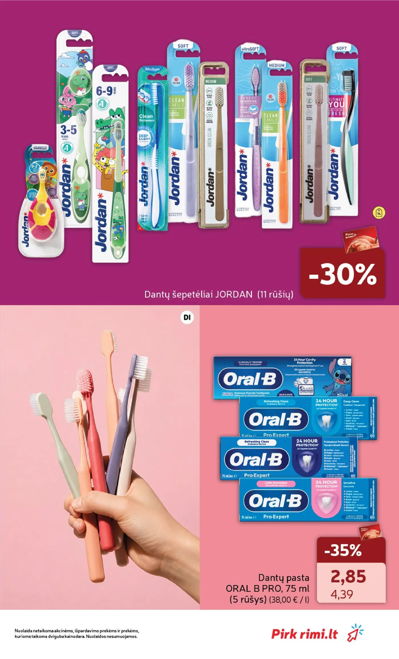 Naujas Rimi nuolaidų leidinys - GROŽIO prekių katalogas Nr. 11 – 15 puslapis: Dantų šepetėliai JORDAN, Dantų pasta ORAL B PRO, 75 ml