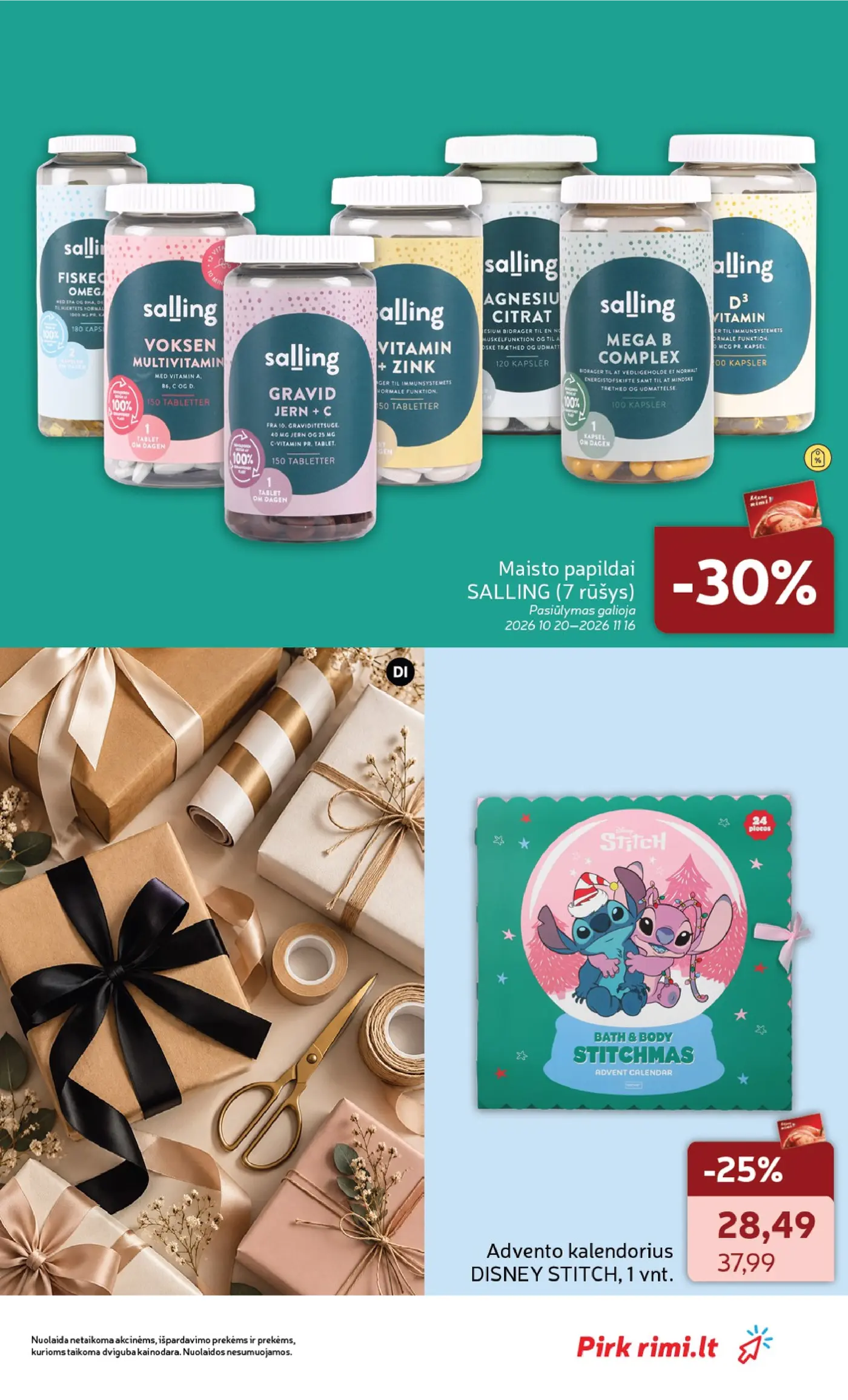 Naujas Rimi nuolaidų leidinys - GROŽIO prekių katalogas Nr. 11 – 21 puslapis: Maisto papildai SALLING, Advento kalendorius DISNEY STITCH, 1 vnt