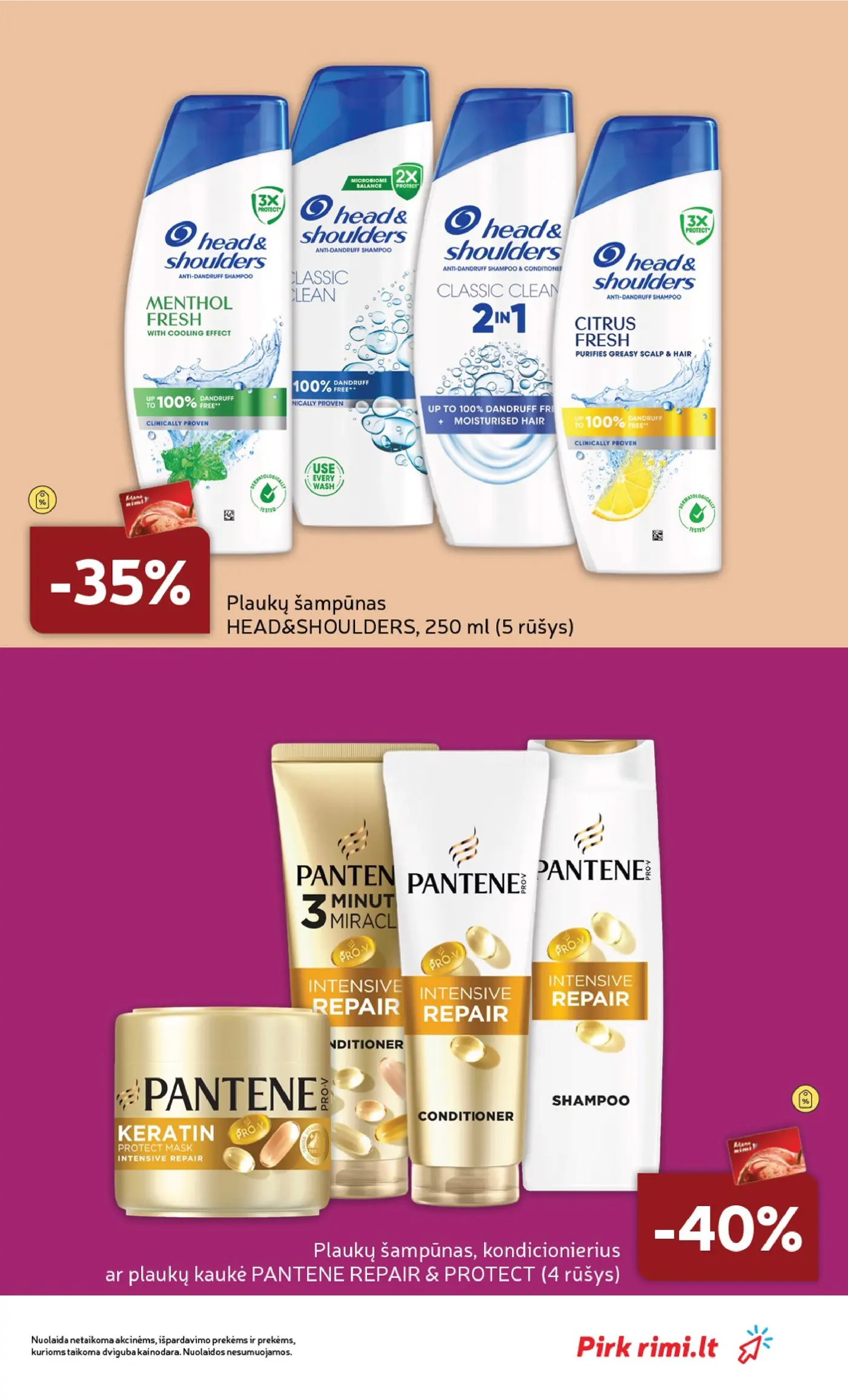 Naujas Rimi nuolaidų leidinys - GROŽIO prekių katalogas Nr. 11 – 5 puslapis: Plaukų šampūnas HEAD&SHOULDERS, 250 ml, Plaukų šampūnas, kondicionierius ar plaukų kaukė PANTENE REPAIR & PROTECT