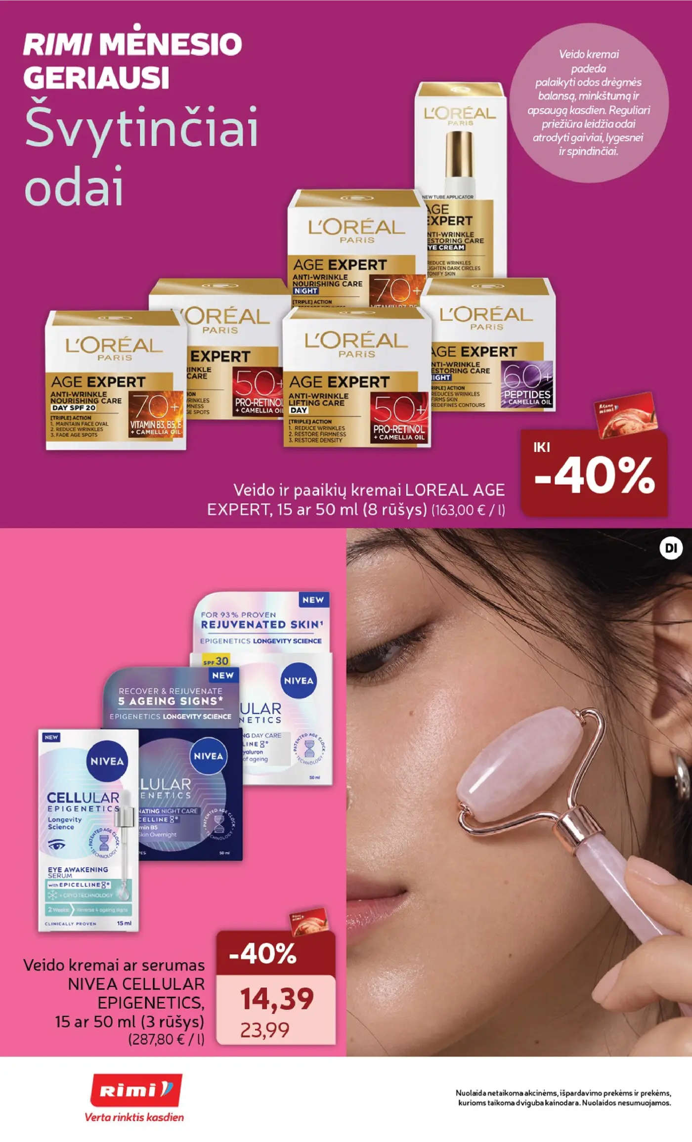 Naujas Rimi nuolaidų leidinys - GROŽIO prekių katalogas Nr. 11 – 8 puslapis: Veido ir paakių kremai LOREAL AGE EXPERT, 50 ml, Veido kremai ar serumas NIVEA CELLULAR EPIGENETICS, 50 ml