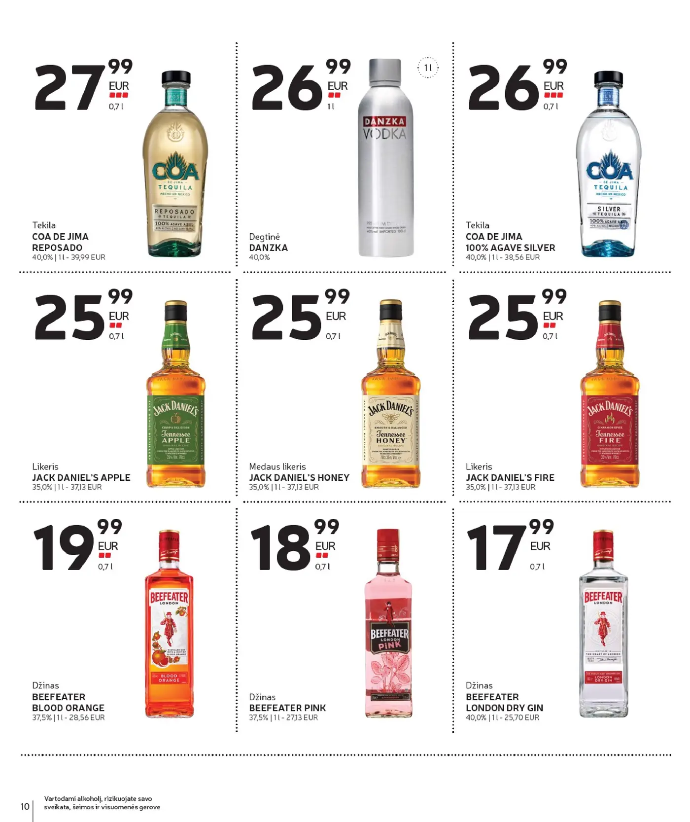 Naujas Rimi nuolaidų leidinys - Alkoholinių gėrimų asortimento katalogas Nr. 21 – 10 puslapis: Tekila COA DE JIMA REPOSADO, 0.7 l, Degtinė DANZKA, 1 l, Tekila COA DE JIMA 100% AGAVE SILVER, 0.7 l