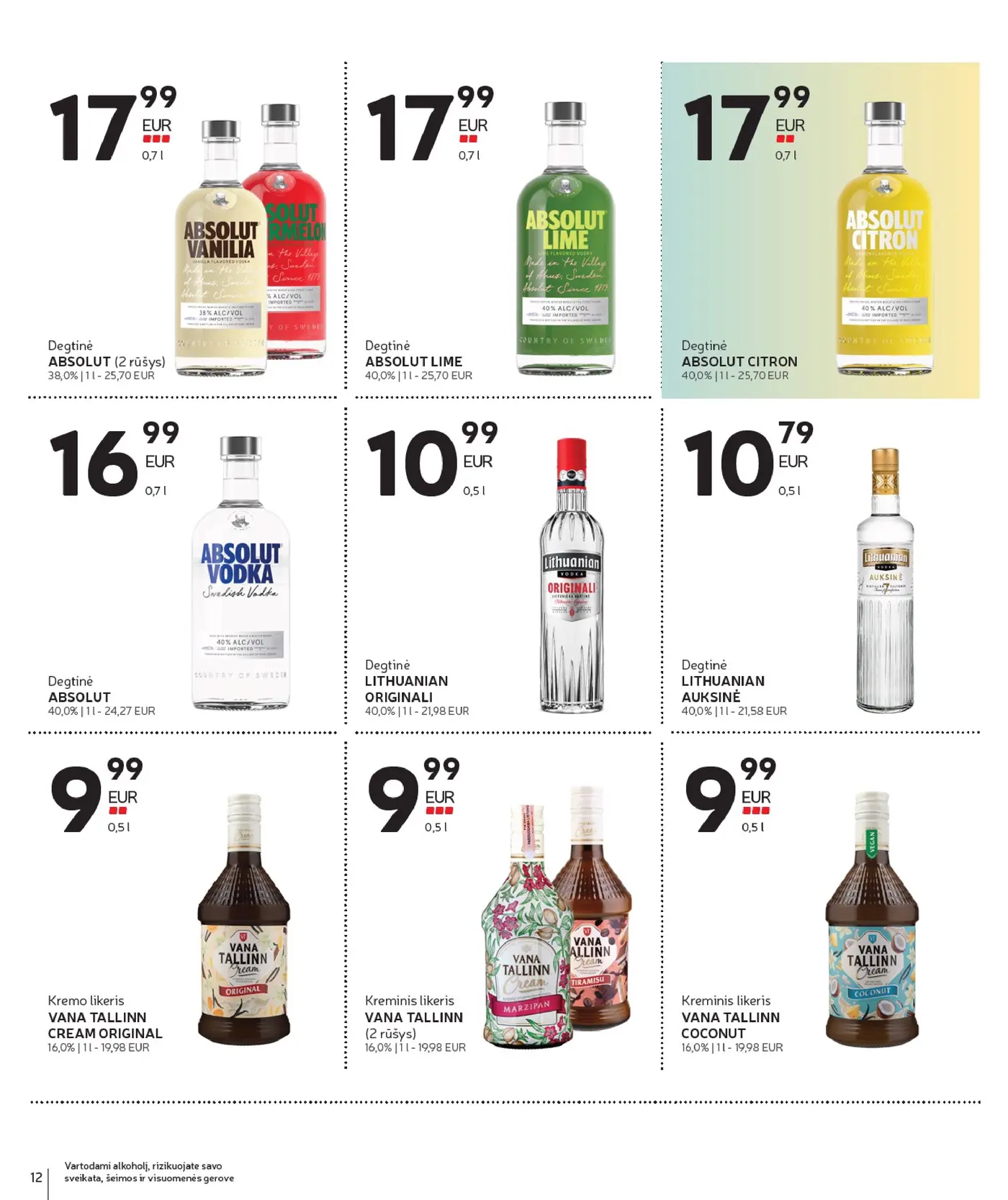 Naujas Rimi nuolaidų leidinys - Alkoholinių gėrimų asortimento katalogas Nr. 21 – 12 puslapis: Degtinė ABSOLUT, 1 l, Degtinė ABSOLUT LIME, 1 l, Degtinė ABSOLUT CITRON, 1 l