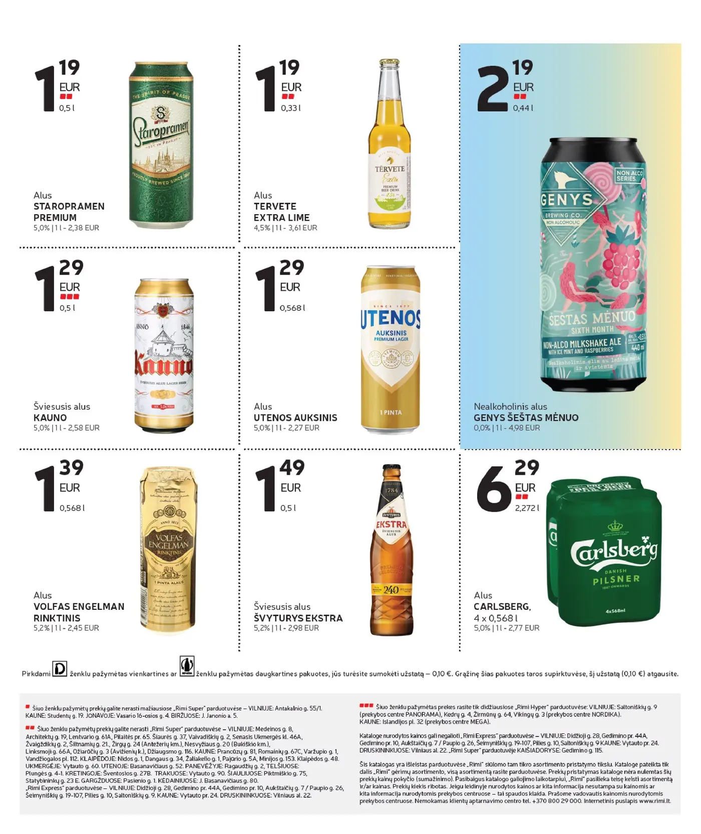 Naujas Rimi nuolaidų leidinys - Alkoholinių gėrimų asortimento katalogas Nr. 21 – 13 puslapis: Nealkoholinis alus GENYS ŠEŠTAS MĖNUO, 0.44 l, Alus VOLFAS ENGELMAN RINKTINIS, 0.568 l, Alus STAROPRAMEN PREMIUM, 0.5 l