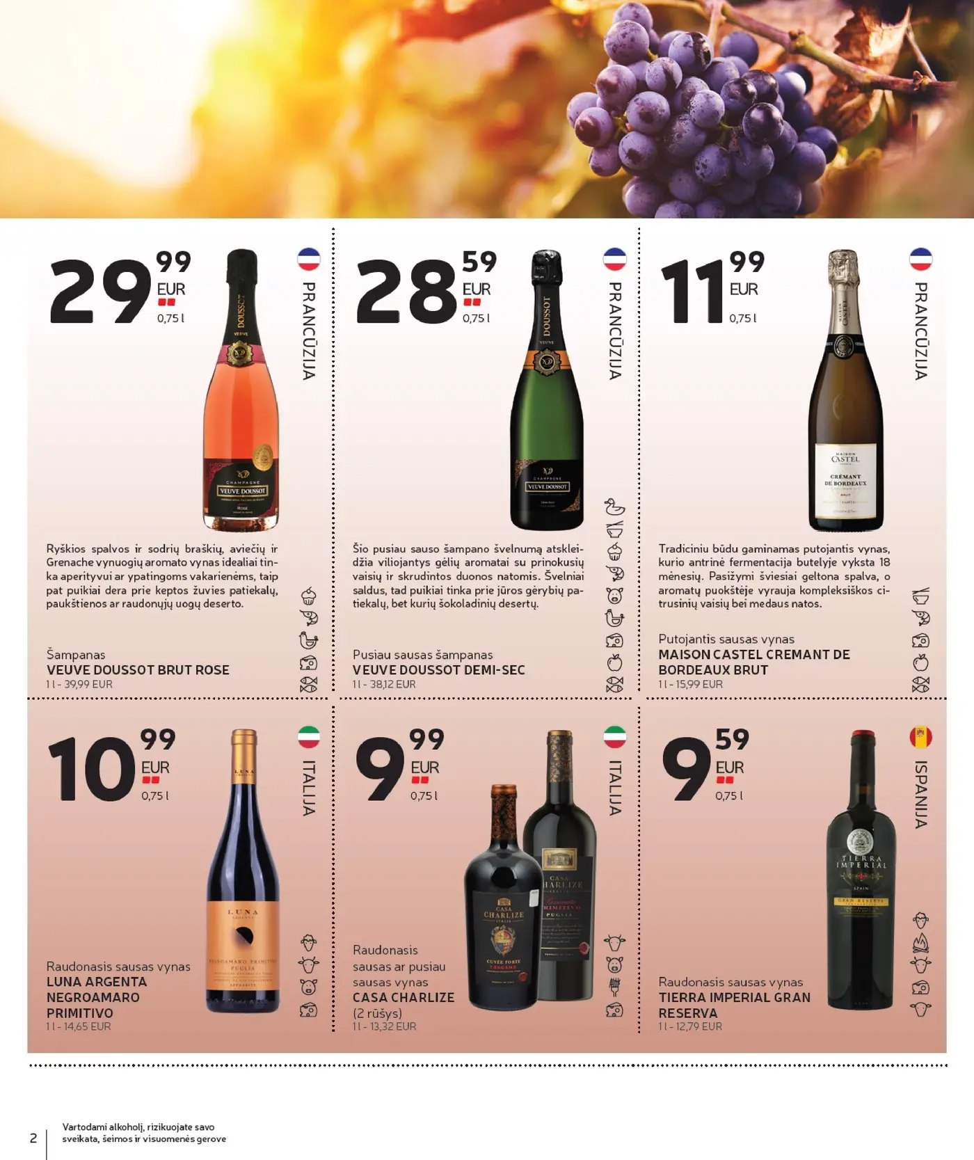 Naujas Rimi nuolaidų leidinys - Alkoholinių gėrimų asortimento katalogas Nr. 21 – 2 puslapis: Šampanas VEUVE DOUSSOT BRUT ROSE, 0.75 l, Pusiau sausas šampanas VEUVE DOUSSOT DEMI-SEC, 0.75 l, Putojantis sausas vynas MAISON CASTEL CREMANT DE BORDEAUX BRUT, 0.75 l