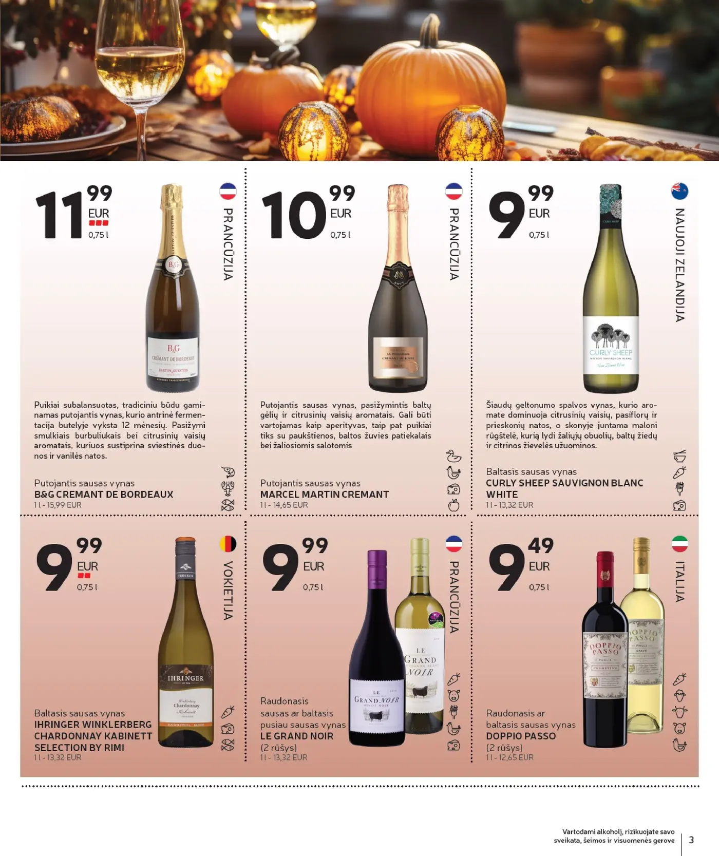 Naujas Rimi nuolaidų leidinys - Alkoholinių gėrimų asortimento katalogas Nr. 21 – 3 puslapis: Putojantis sausas vynas B&G CREMANT DE BORDEAUX, 0.75 l, Putojantis sausas vynas MARCEL MARTIN CREMANT, 0.75 l, Baltasis sausas vynas CURLY SHEEP SAUVIGNON BLANC WHITE, 0.75 l