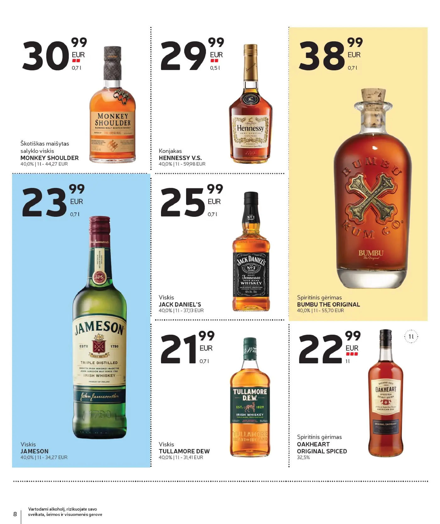 Naujas Rimi nuolaidų leidinys - Alkoholinių gėrimų asortimento katalogas Nr. 21 – 8 puslapis: Viskis JAMESON, 0.7 l, Škotiškas maišytas salyklo viskis MONKEY SHOULDER, 0.7 l, Konjakas HENNESSY VS, 0.5 l