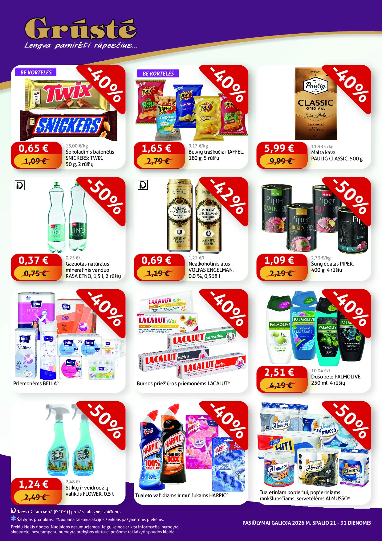 Naujas Grustė nuolaidų leidinys - Pigiau Nerasi 2026.10.21-10.31 – 4 puslapis: Šokoladinis batonėlis SNICKERS; TWIX, 50 g, Bulvių traškučiai TAFFEL, 180 g, Malta kava PAULIG CLASSIC, 500 g