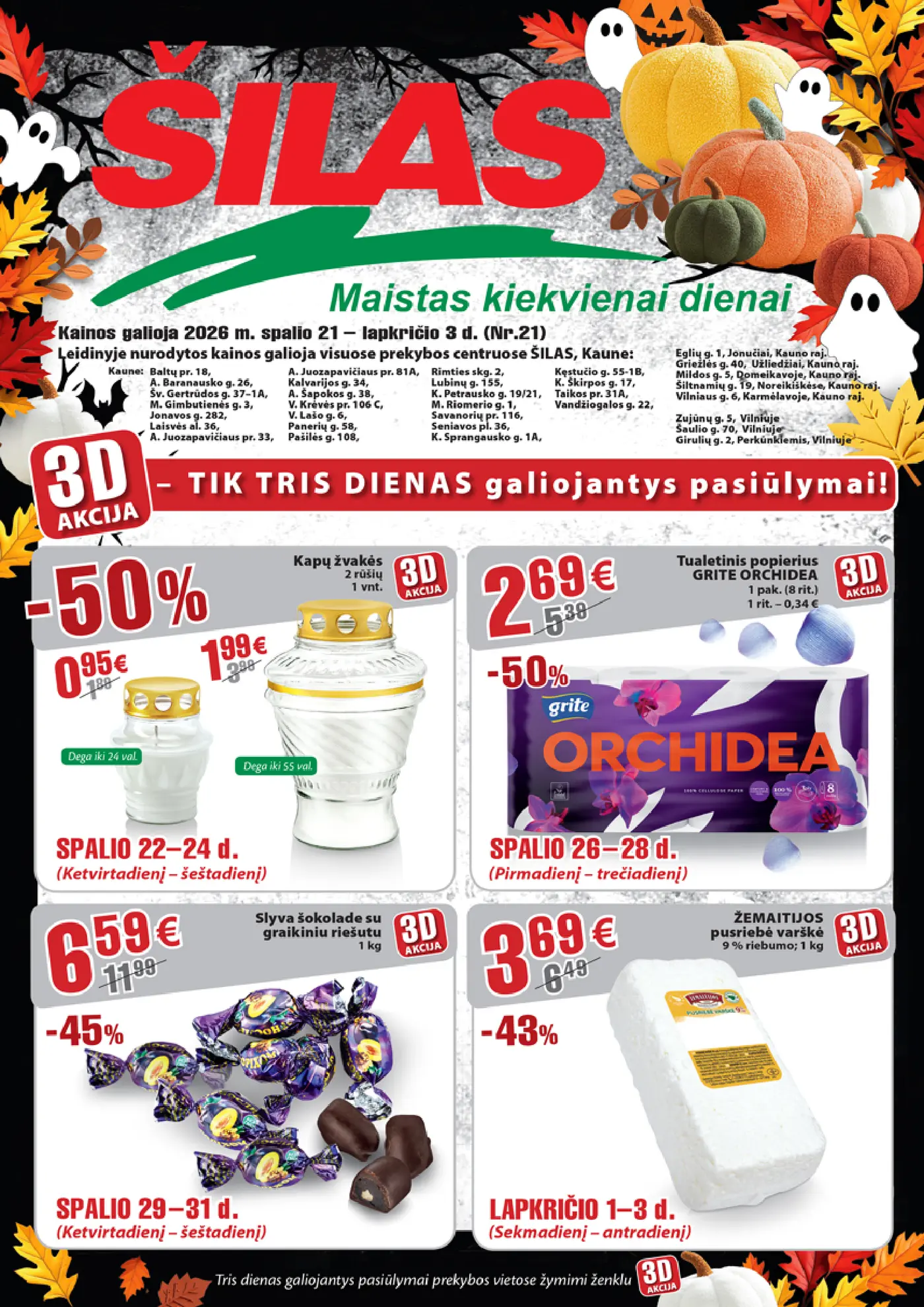 Šilas leidinys Nr. 21 – 1 puslapis: Kapų žvakės, 1 vnt, Tualetinis popierius GRITE ORCHIDEA, 1 pak., Slyva šokolade su graikiniu riešutu, 1 kg
