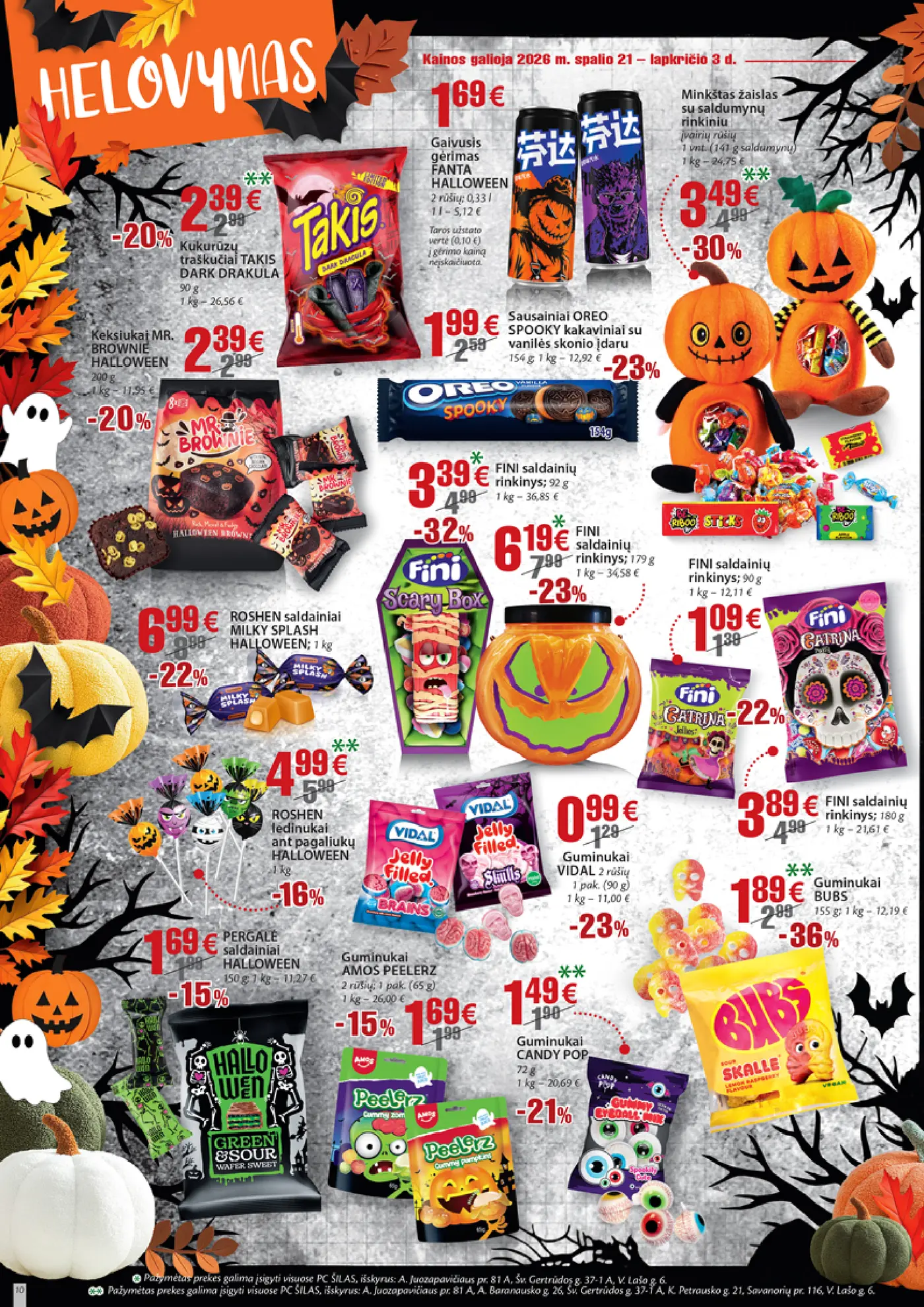 Šilas leidinys Nr. 21 – 10 puslapis: Kukurūzų traškučiai TAKIS DARK DRAKULA, 90 g, Gaivusis gėrimas FANTA HALLOWEEN, 0.33 l, Minkštas žaislas su saldumynų rinkiniu, 141 g
