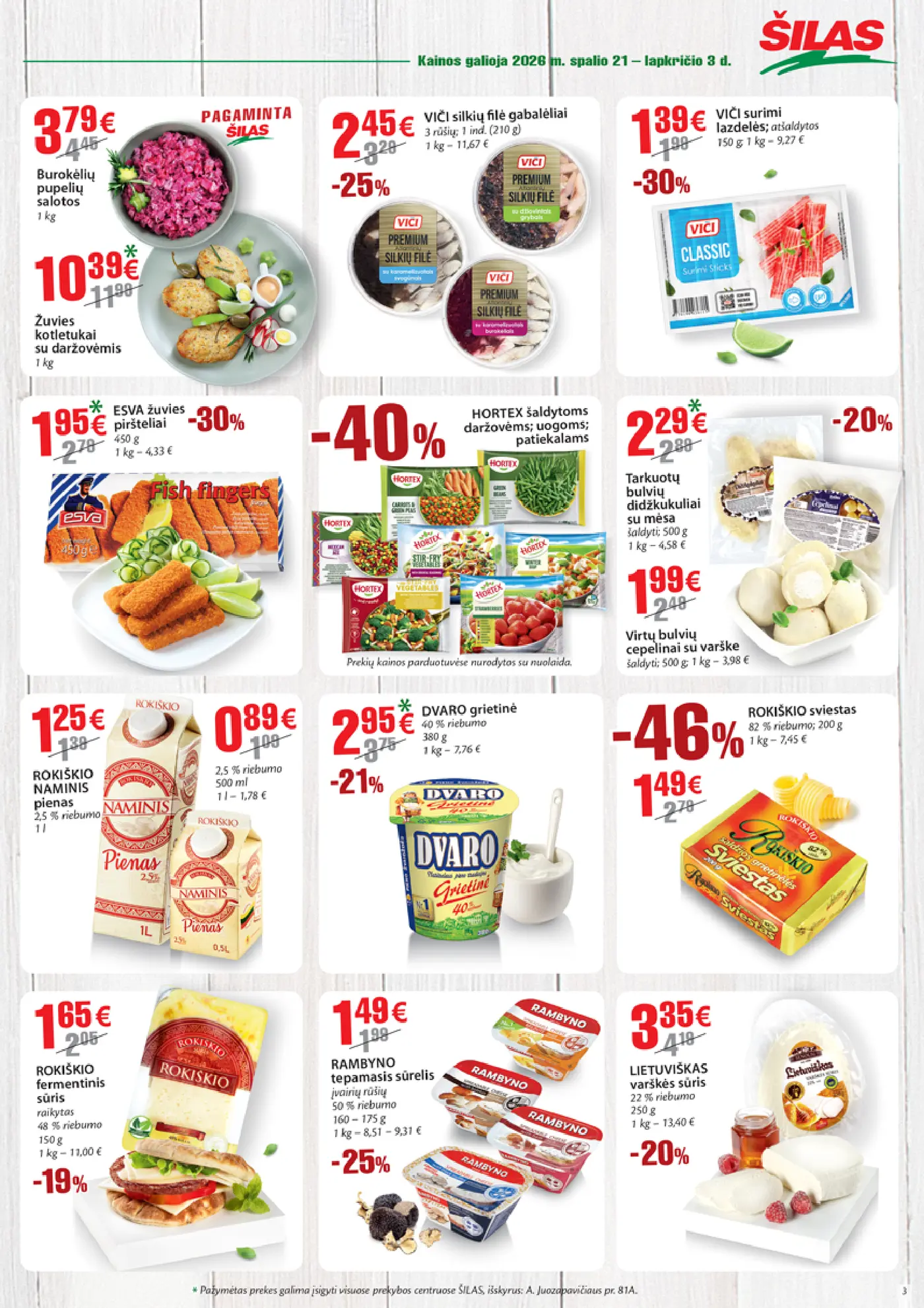 Šilas leidinys Nr. 21 – 3 puslapis: Burokėlių pupelių salotos, 1 kg, Žuvies kotletukai su daržovėmis, 1 kg, VIČI silkių filė gabalėliai, 210 g