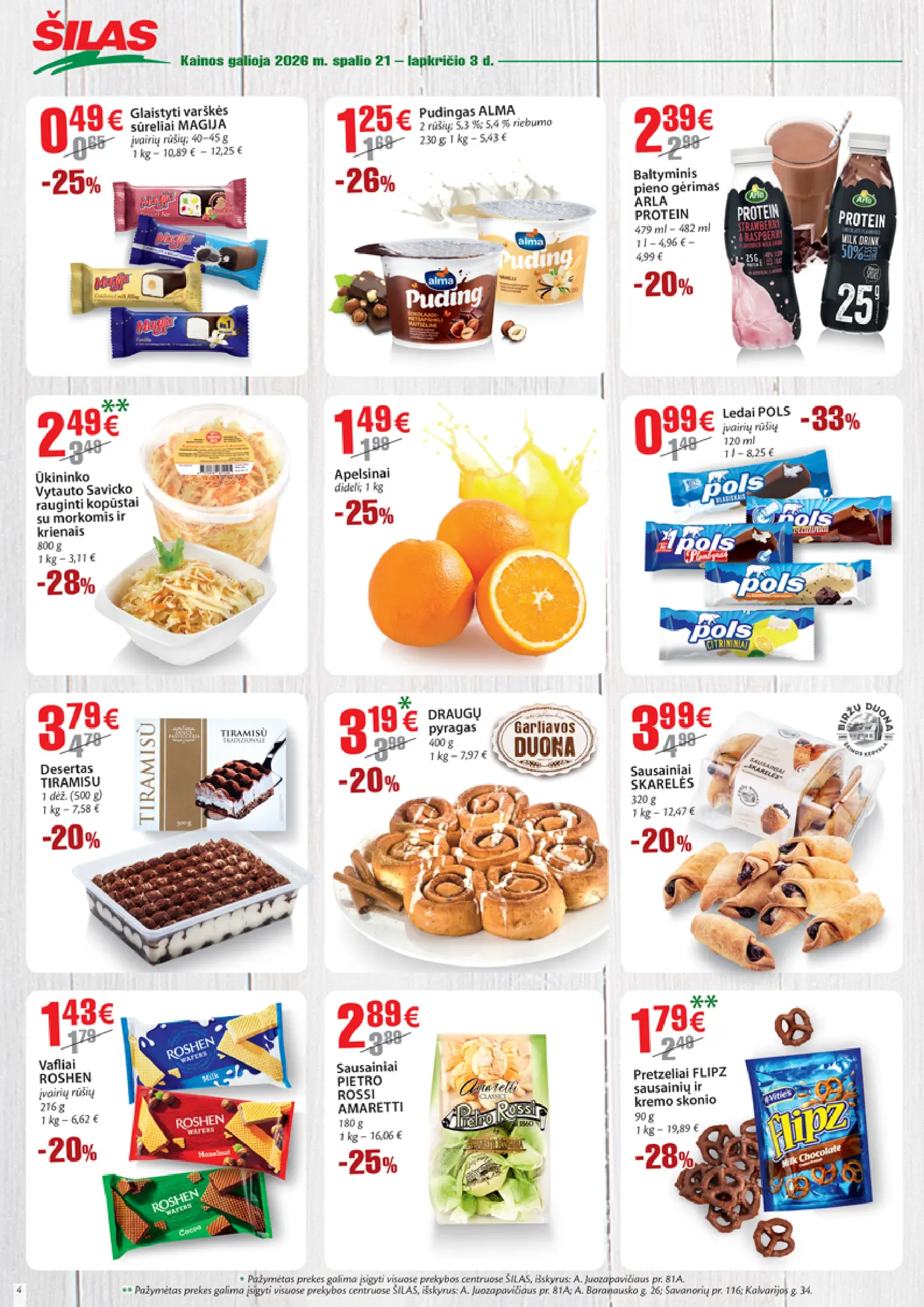 Šilas leidinys Nr. 21 – 4 puslapis: Glaistytas varškės sūrelis MAGIJA, 45 g, Pudingas ALMA, 230 g, Baltyminis pieno gėrimas ARLA PROTEIN, 479 ml - 482 ml