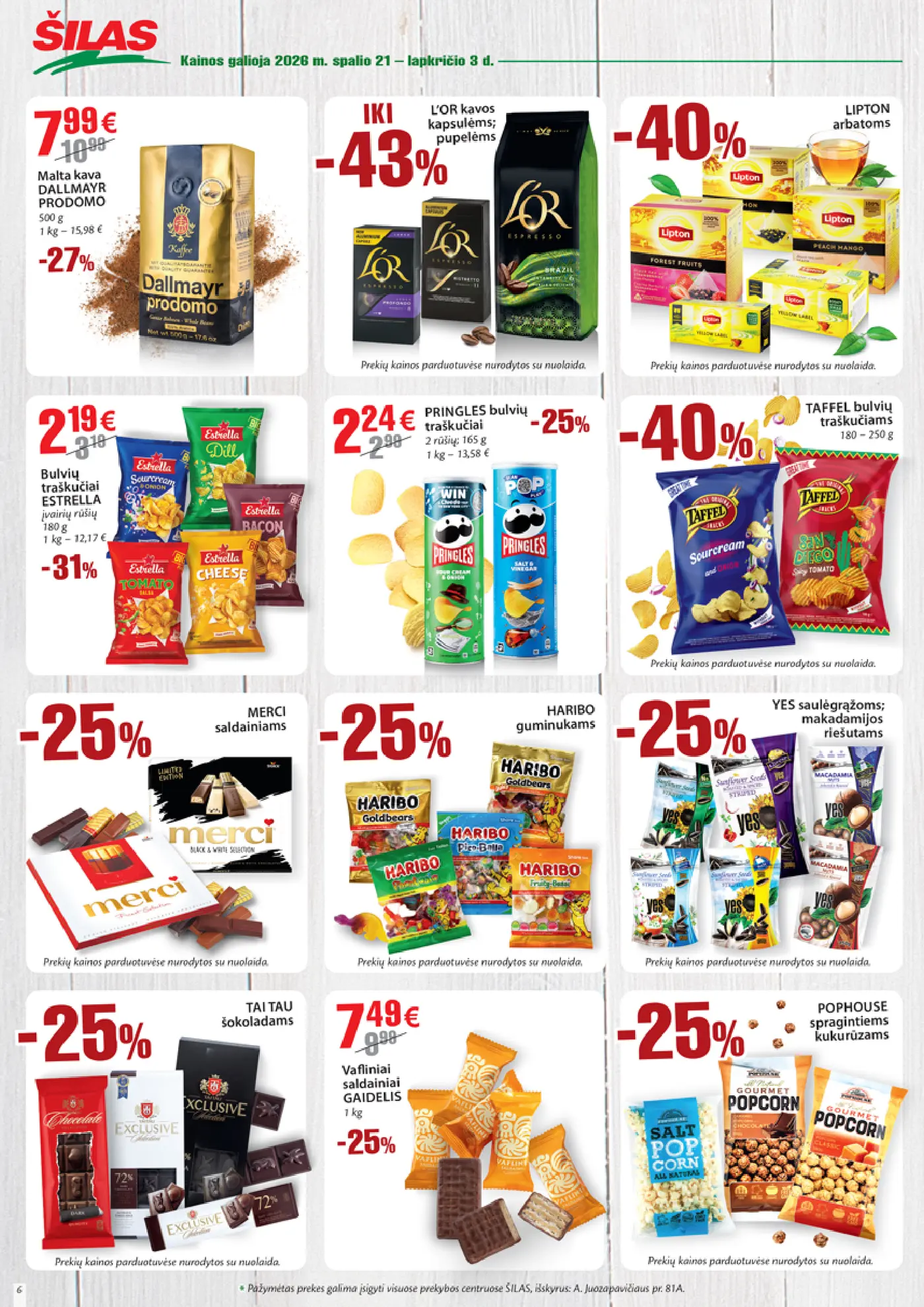 Šilas leidinys Nr. 21 – 6 puslapis: Malta kava DALLMAYR PRODOMO, 500 g, L'OR kavos kapsulėms; pupelėms, LIPTON arbatoms