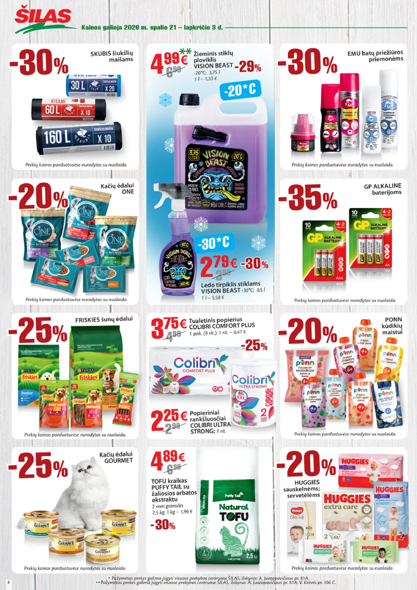 Šilas leidinys Nr. 21 – 8 puslapis: SKUBIS šiukšlių maišams, Žieminis stiklų ploviklis VISION BEAST, 3.75 l, EMU batų priežiūros priemonėms