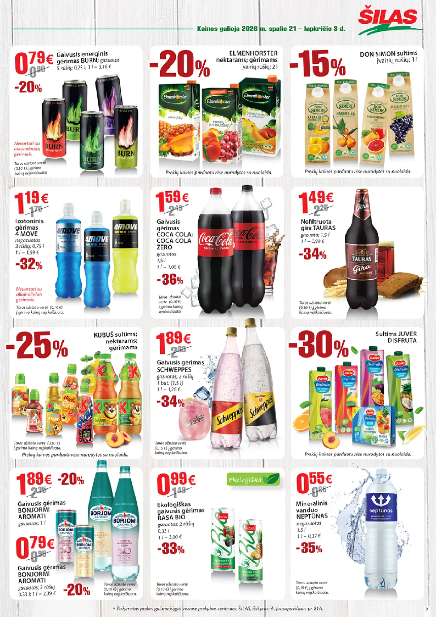 Šilas leidinys Nr. 21 – 9 puslapis: Gaivusis energinis gėrimas BURN, 0.25 l, ELMENHORSTER nektarams; gėrimams, 2 l, DON SIMON sultims, 1 l