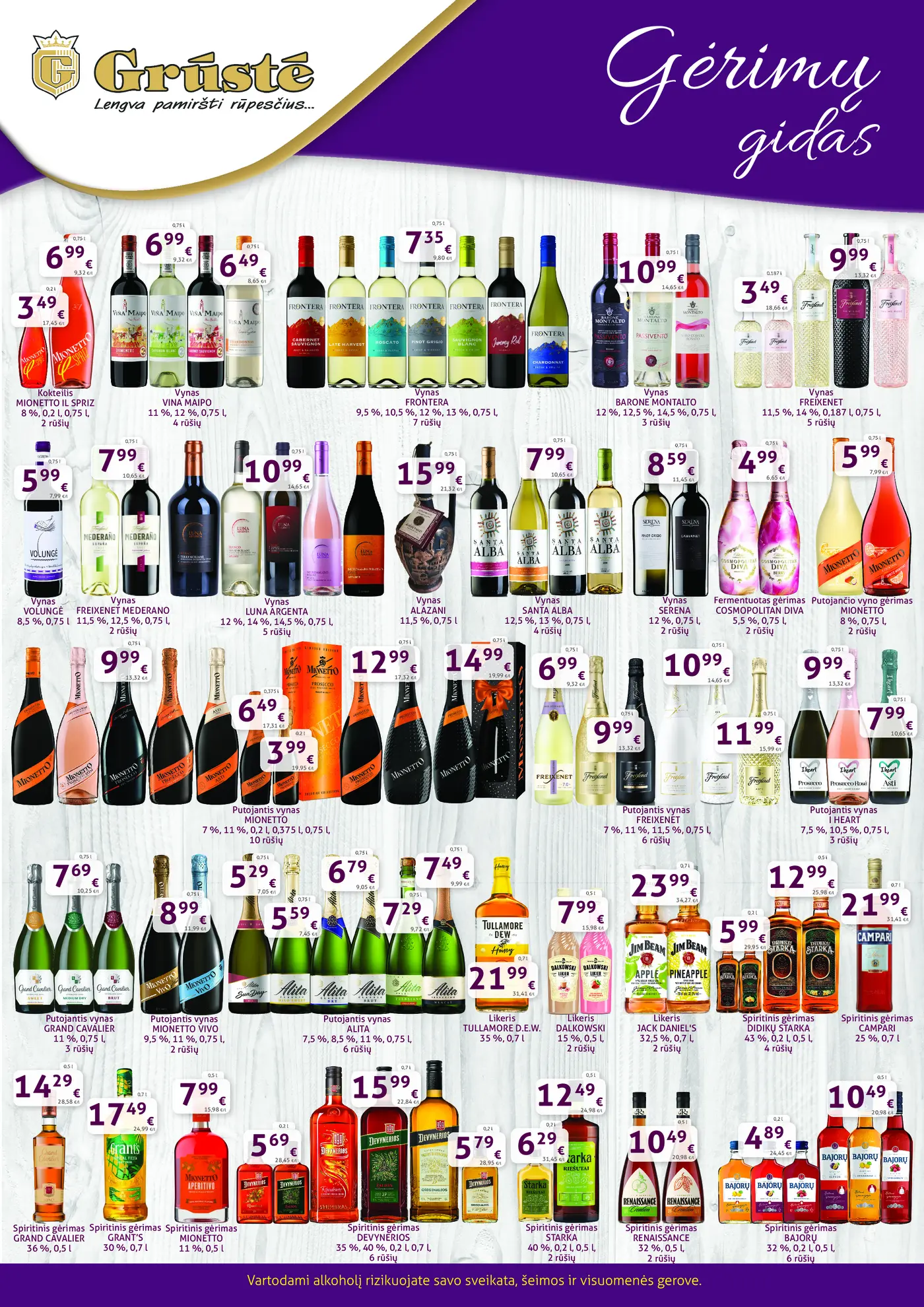 GRŪSTĖ gėrimų gidas 2026.10.21 - 11.01 – 1 puslapis: Kokteilis MIONETTO IL SPRIZ, 0.2 l, Vynas VINA MAIPO, 0.75 l, Vynas FRONTERA, 0.75 l
