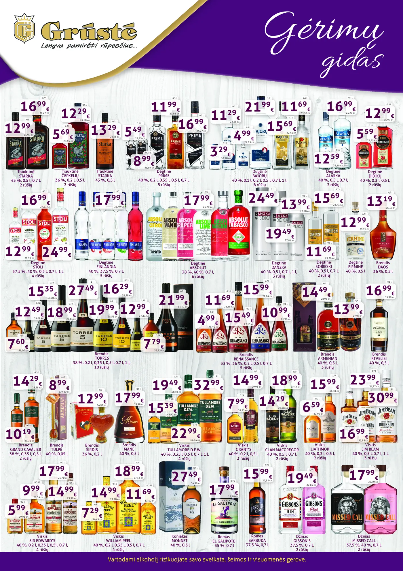 GRŪSTĖ gėrimų gidas 2026.10.21 - 11.01 – 2 puslapis: Trauktinė STARKA, 0.5 l, Trauktinė ČEPKELIŲ, 0.2 l, Degtinė PRIME, 0.2 l