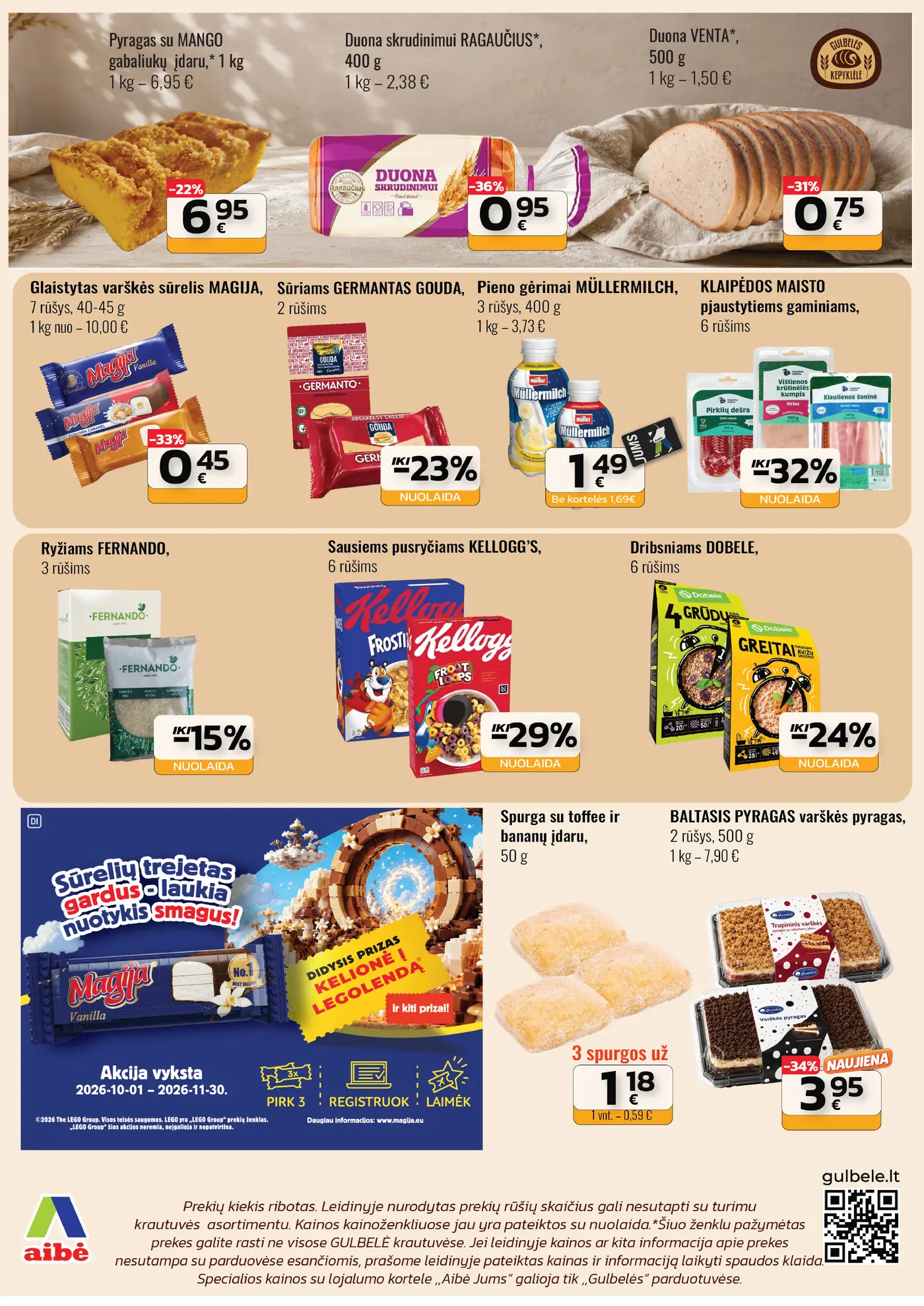 Gulbelės leidinys Nr. 4 – 2 puslapis: Duona VENTA, 500 g, Pyragas su MANGO gabaliukų įdaru, 1 kg, Duona skrudinimui RAGAUČIUS, 400 g