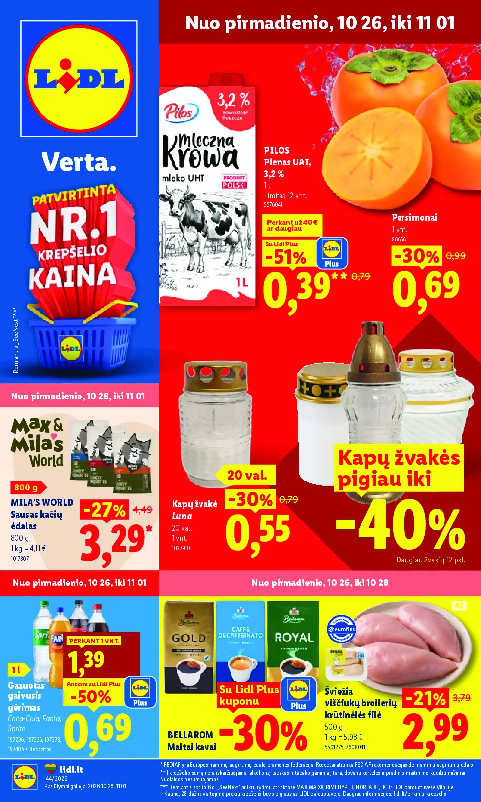 Naujas Lidl nuolaidų leidinys - MAISTO PREKIŲ PASIŪLYMAI Nr.44 – 1 puslapis: Persimonai, 1 vnt, Kapų žvakė Luna, 1 vnt, Kapų žvakės