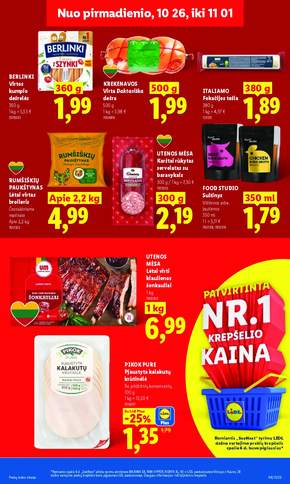 Naujas Lidl nuolaidų leidinys - MAISTO PREKIŲ PASIŪLYMAI Nr.44 – 13 puslapis: BERLINKI Virtos kumpio dešrelės, 360 g, KREKENAVOS Virta Daktariška dešra, 500 g, ITALIAMO Fokacijos tešla, 380 g