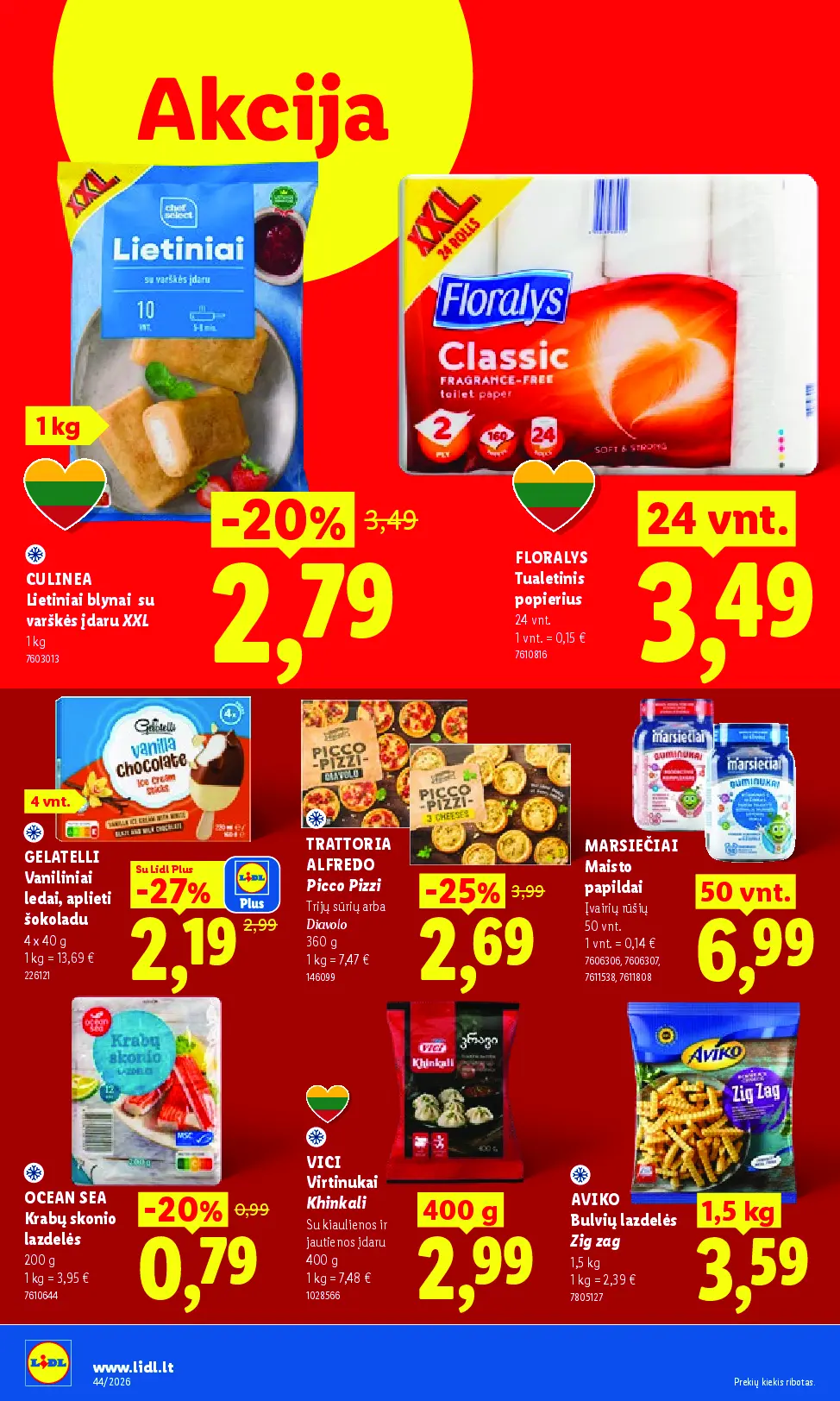 Naujas Lidl nuolaidų leidinys - MAISTO PREKIŲ PASIŪLYMAI Nr.44 – 14 puslapis: CULINEA Lietiniai blynai su varškės įdaru XXL, 1 kg, FLORALYS Tualetinis popierius, 24 vnt, GELATELLI Vaniliniai ledai, aplieti šokoladu, 4 x 40 g
