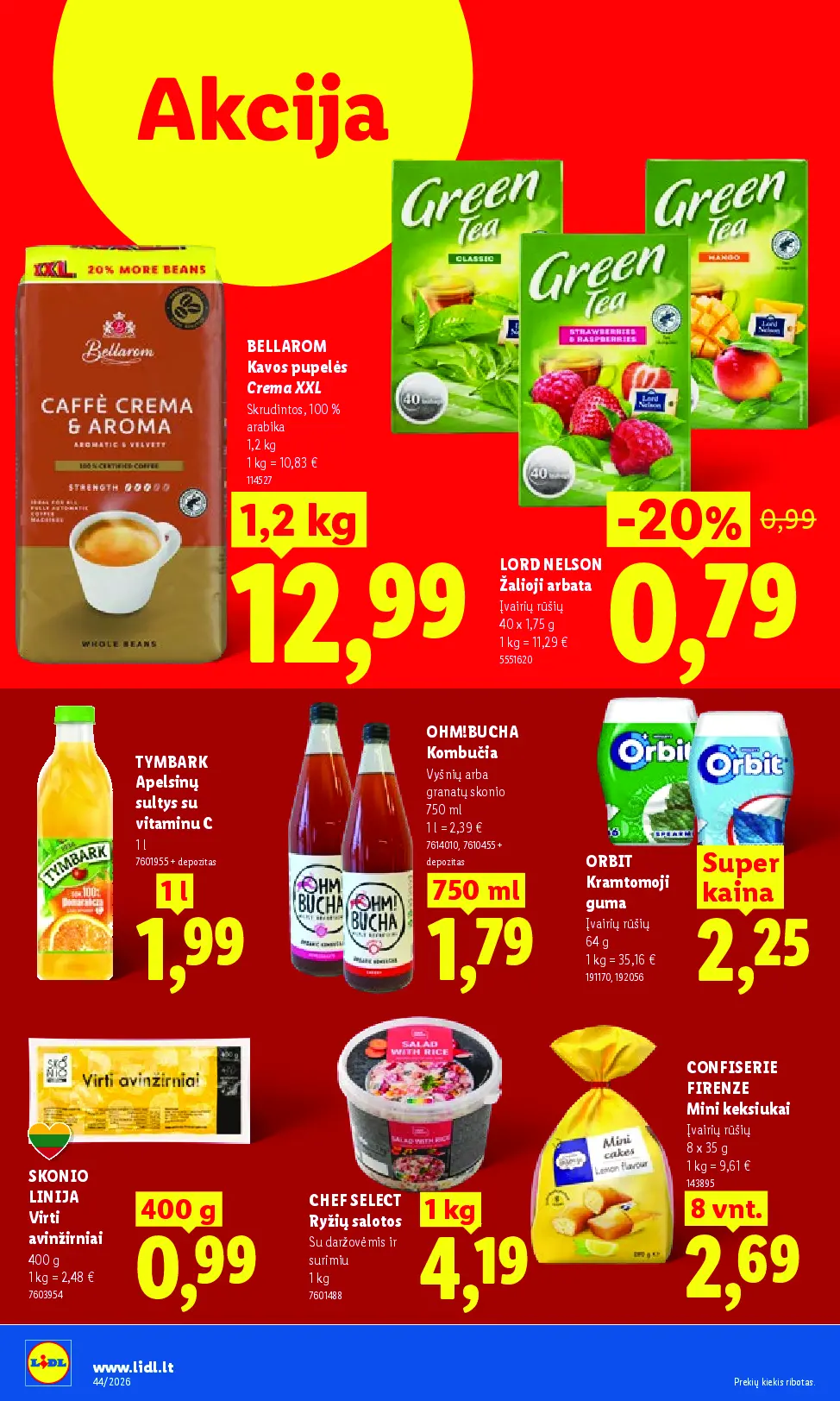 Naujas Lidl nuolaidų leidinys - MAISTO PREKIŲ PASIŪLYMAI Nr.44 – 16 puslapis: BELLAROM Kavos pupelės Crema XXL, 1.2 kg, LORD NELSON Žalioji arbata, 40 x 1.75 g, TYMBARK Apelsinų sultys su vitaminu C, 1 l