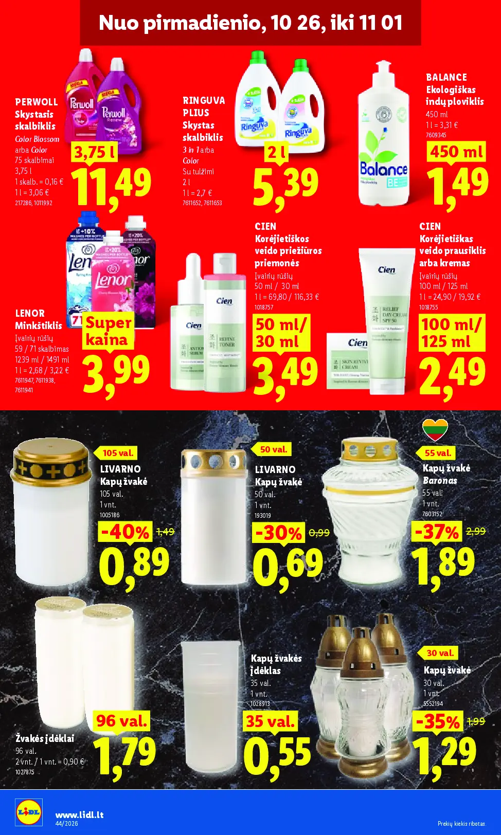 Naujas Lidl nuolaidų leidinys - MAISTO PREKIŲ PASIŪLYMAI Nr.44 – 18 puslapis: PERWOLL Skystasis skalbiklis, 3.75 l, RINGUVA PLIUS Skystas skalbiklis, 2 l, Ekologiškas indų ploviklis BALANCE, 450 ml