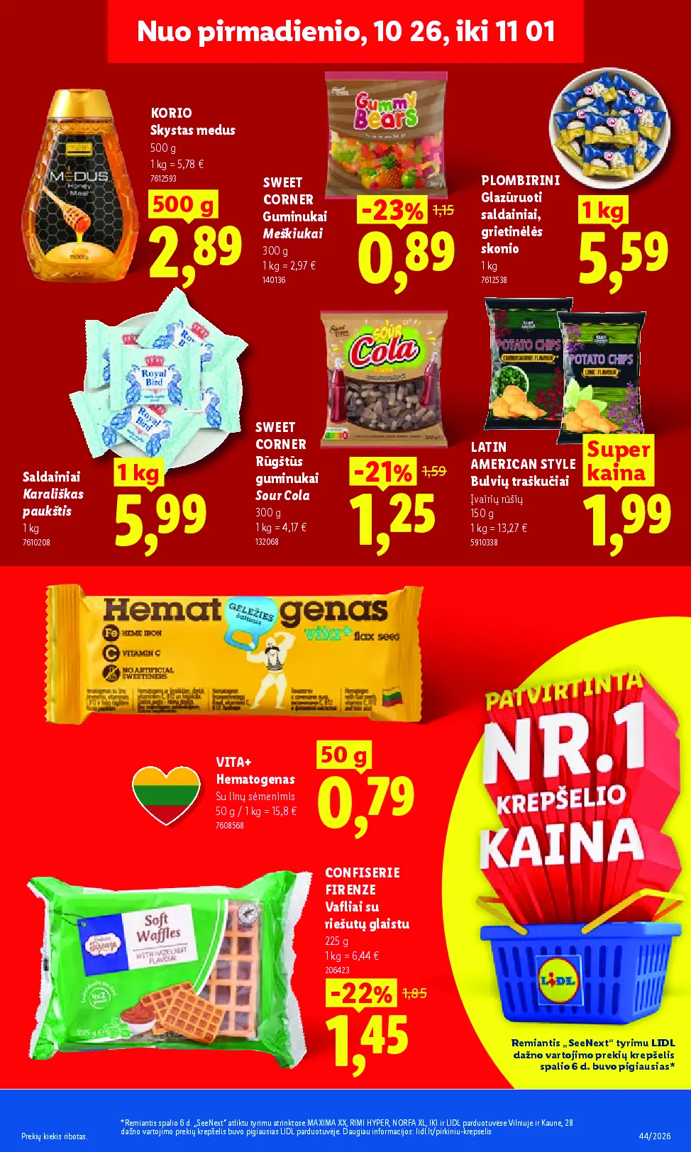Naujas Lidl nuolaidų leidinys - MAISTO PREKIŲ PASIŪLYMAI Nr.44 – 21 puslapis: Skystas KORIO medus, 500 g, SWEET CORNER Guminukai Meškiukai, 300 g, PLOMBIRINI Glazūruoti saldainiai, 1 kg