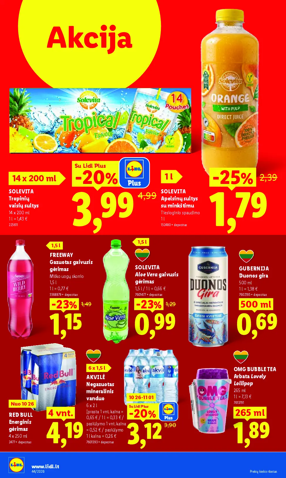Naujas Lidl nuolaidų leidinys - MAISTO PREKIŲ PASIŪLYMAI Nr.44 – 34 puslapis: SOLEVITA Tropinių vaisių sultys, 14 x 200 ml, SOLEVITA Apelsinų sultys su minkštimu, 1 l, FREEWAY Gazuotas gaivusis gėrimas, 1.5 l