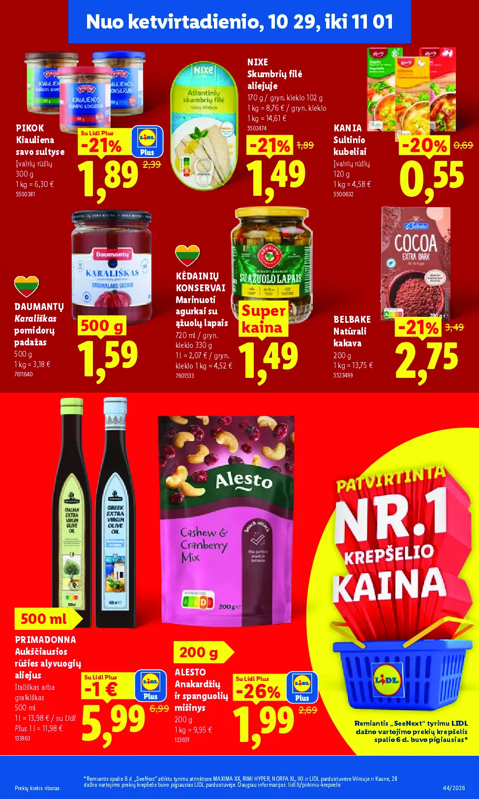 Naujas Lidl nuolaidų leidinys - MAISTO PREKIŲ PASIŪLYMAI Nr.44 – 35 puslapis: PIKOK Kiauliena savo sultyse, 300 g, NIXE Skumbrių filė aliejuje, 170 g, KANIA Sultinio kubeliai, 120 g
